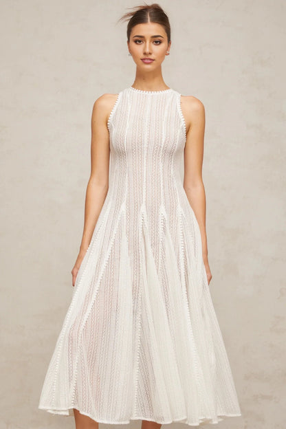 White Sleeveless Lace Midi Dress white pointelle puff midi dress Evening Dress by YiHuiw
