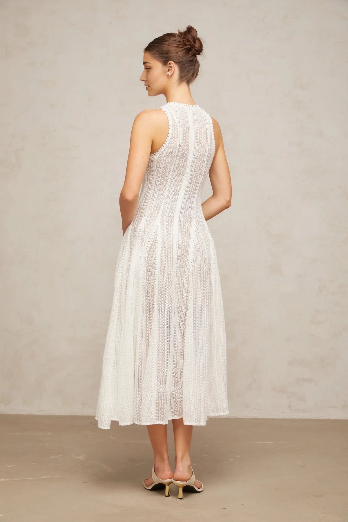 White Sleeveless Lace Midi Dress white pointelle puff midi dress Evening Dress by YiHuiw