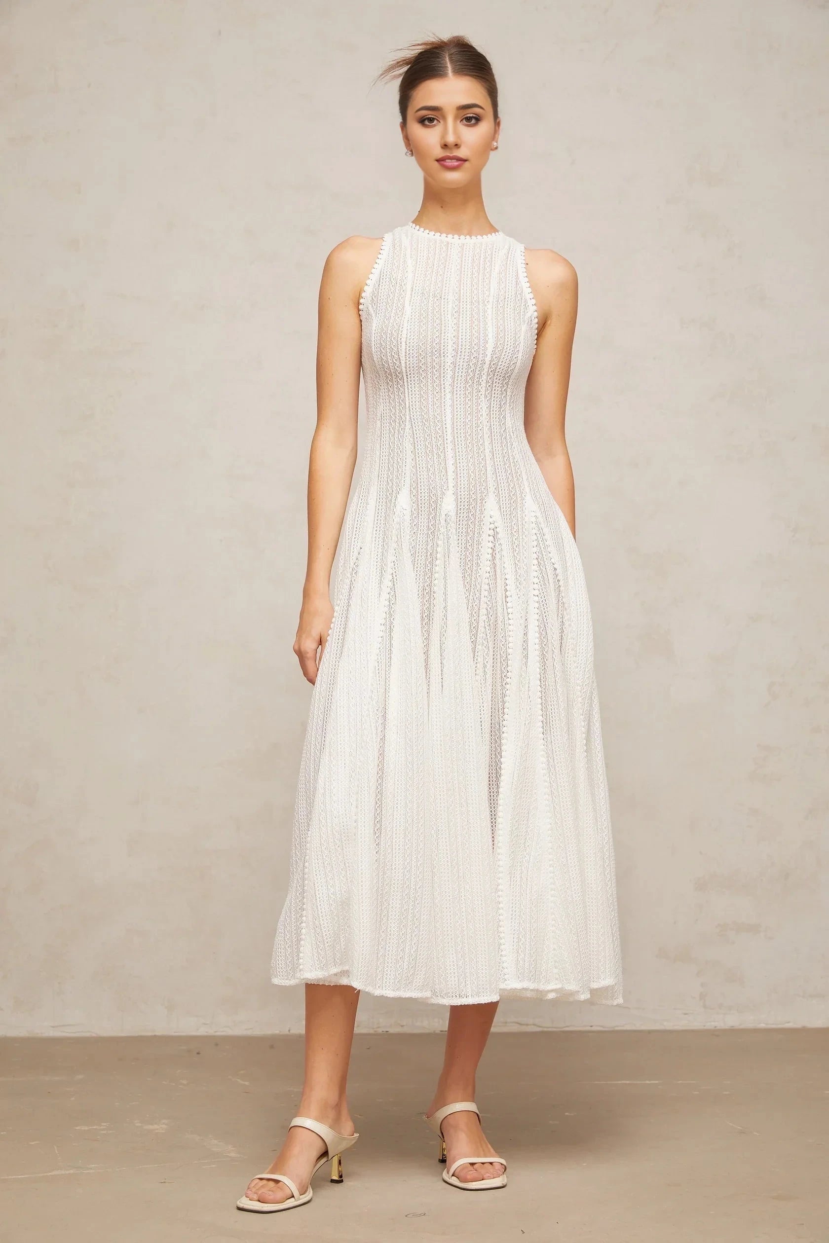 White Sleeveless Lace Midi Dress white pointelle puff midi dress Evening Dress by YiHuiw