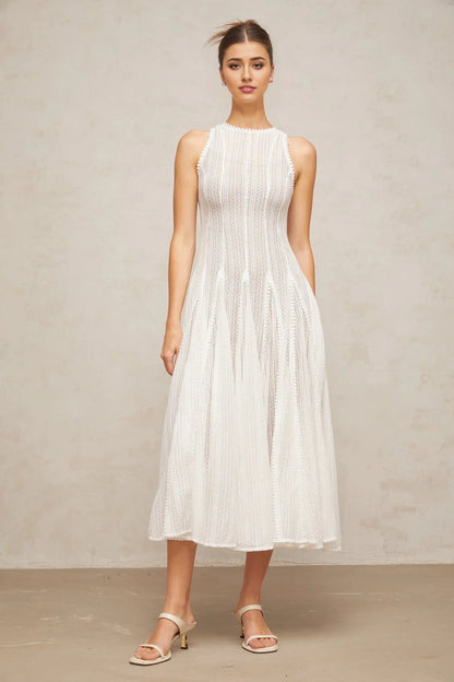 White Sleeveless Lace Midi Dress white pointelle puff midi dress Evening Dress by YiHuiw