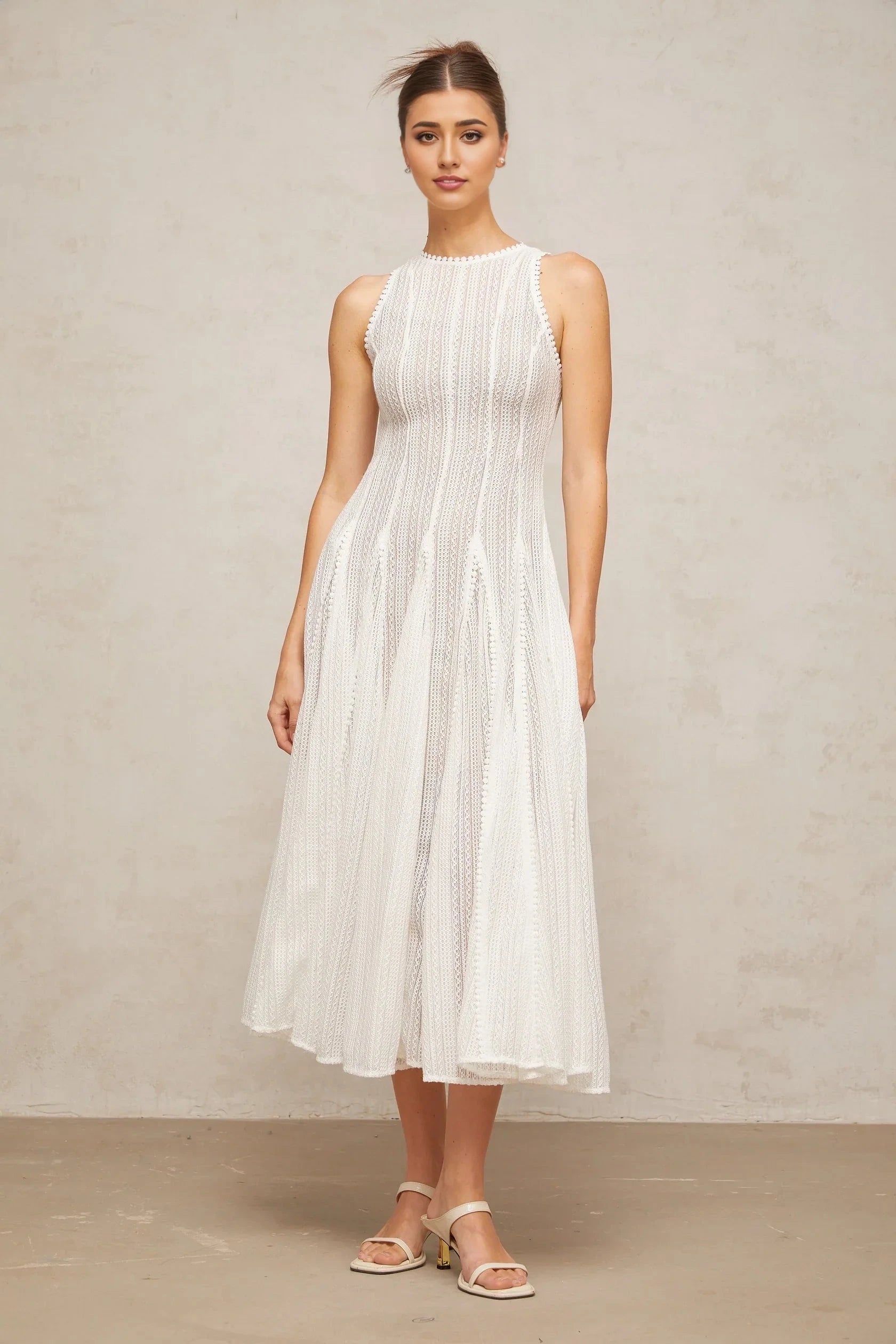 White Sleeveless Lace Midi Dress white pointelle puff midi dress Evening Dress by YiHuiw