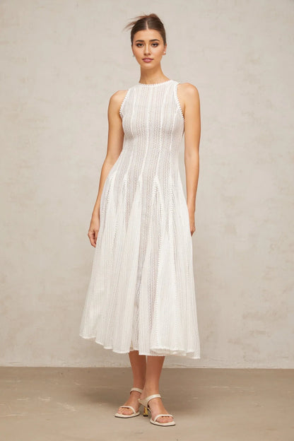 White Sleeveless Lace Midi Dress white pointelle puff midi dress Evening Dress by YiHuiw