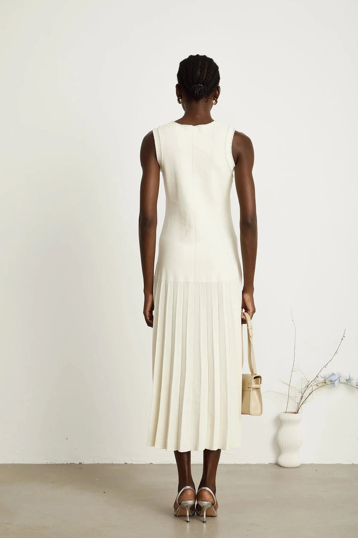 White Sleeveless Pearl - Trimmed Pleated Midi Dress white knitted faux-pearl midi dress Evening Dress by YiHuiw