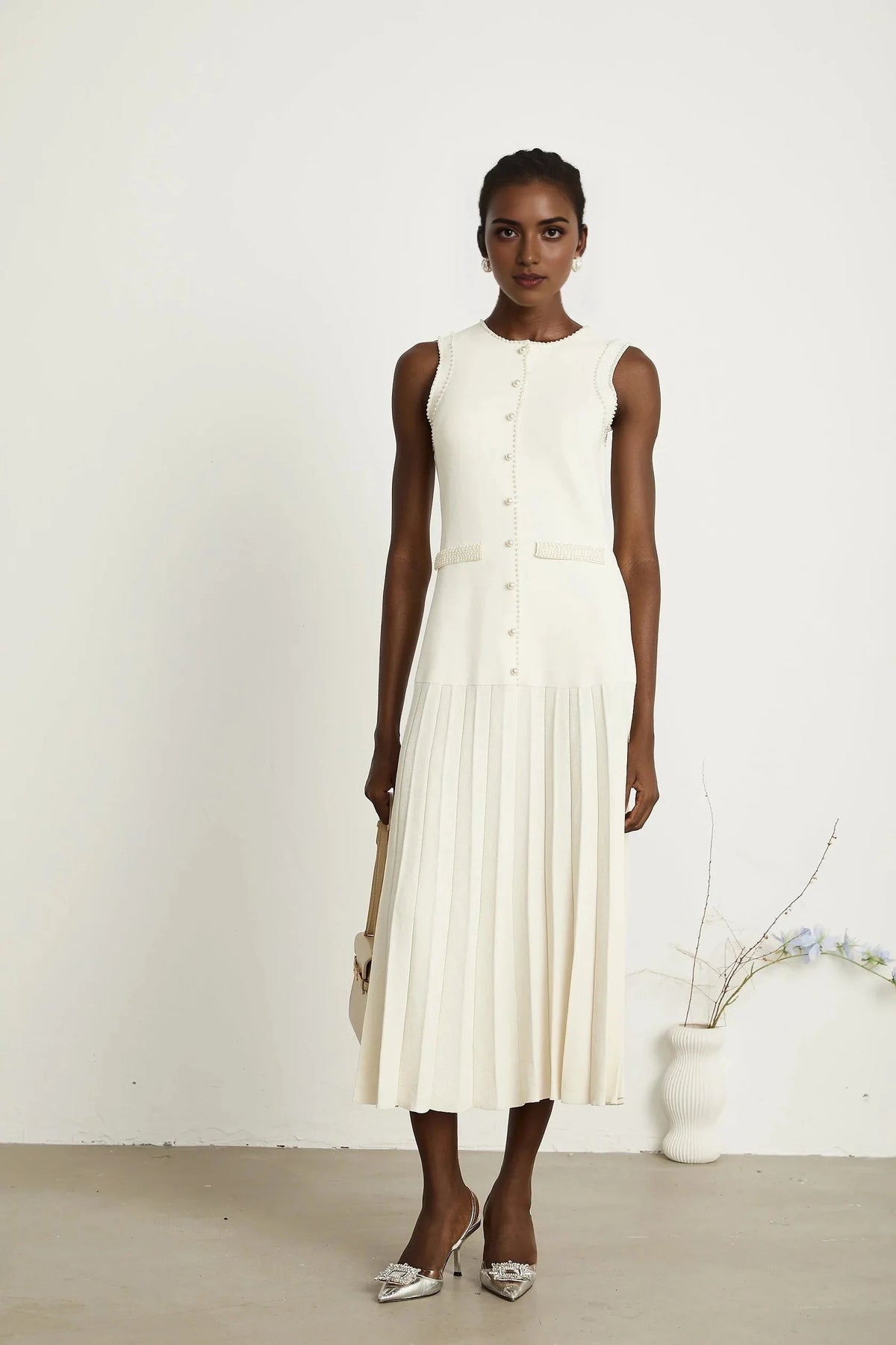 White Sleeveless Pearl - Trimmed Pleated Midi Dress white knitted faux-pearl midi dress Evening Dress by YiHuiw