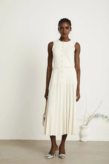White Sleeveless Pearl - Trimmed Pleated Midi Dress white knitted faux-pearl midi dress Evening Dress by YiHuiw