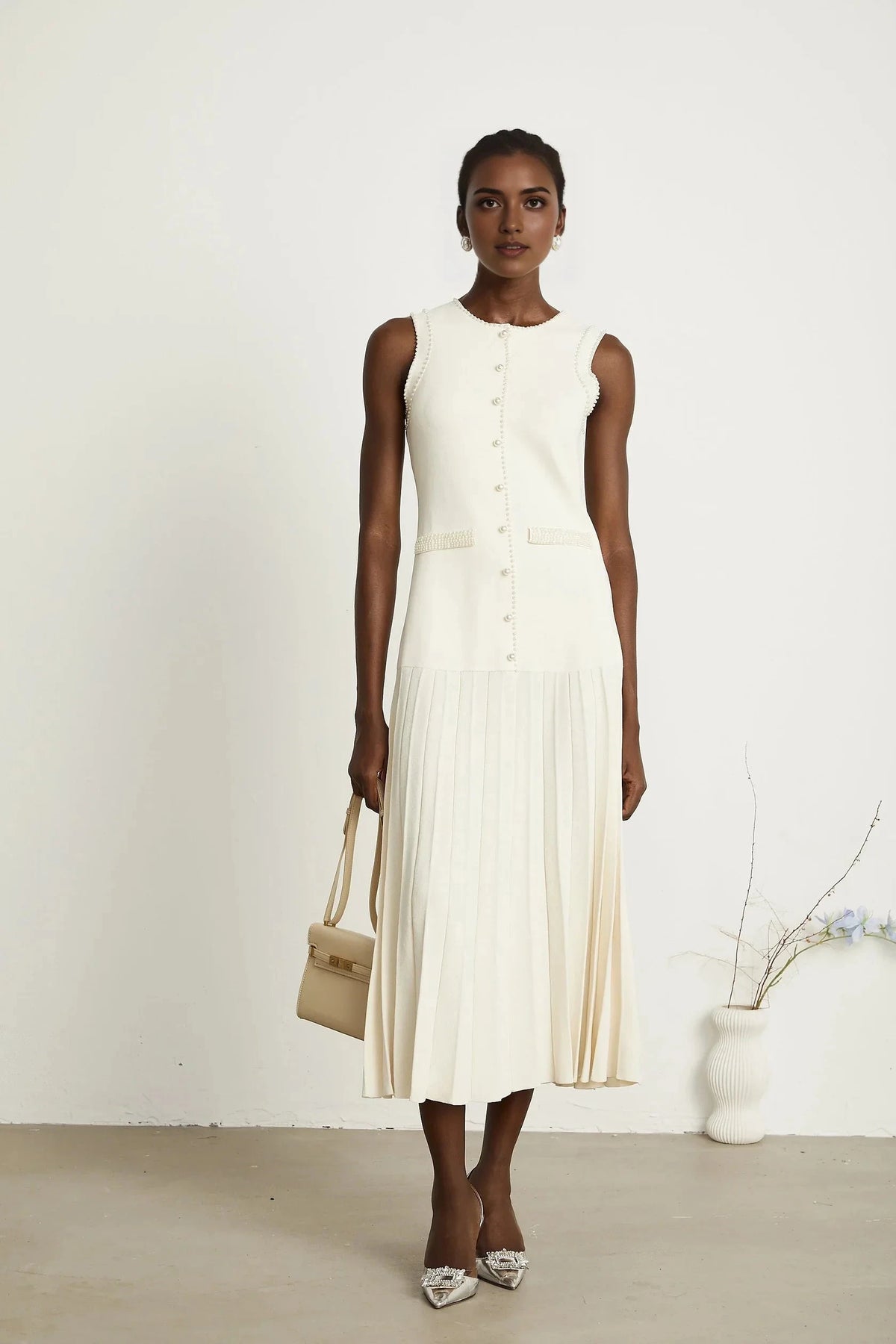 White Sleeveless Pearl - Trimmed Pleated Midi Dress white knitted faux-pearl midi dress Evening Dress by YiHuiw