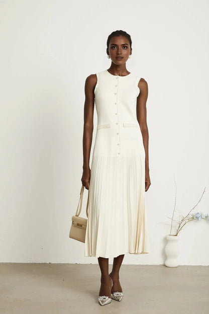 White Sleeveless Pearl - Trimmed Pleated Midi Dress white knitted faux-pearl midi dress Evening Dress by YiHuiw