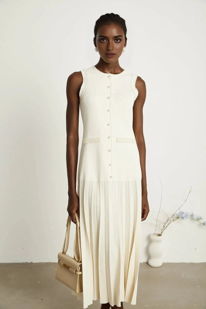 White Sleeveless Pearl - Trimmed Pleated Midi Dress white knitted faux-pearl midi dress Evening Dress by YiHuiw