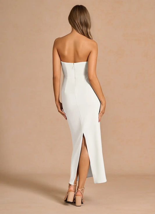 White Spaghetti Strap Lace-Up Back High Slit Midi Wedding Dress - Yihuiw by Yihuiw
