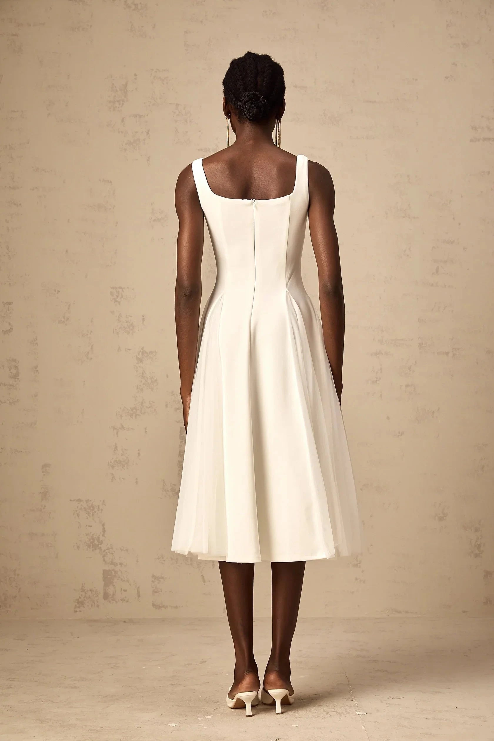 White Square Neck Tulle Midi Dress white tulle godet midi dress Evening Dress by YiHuiw