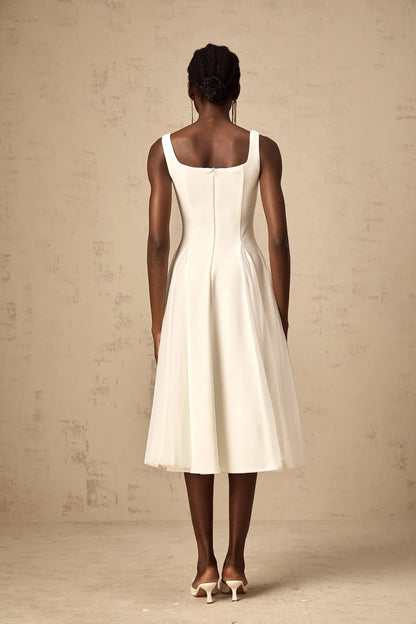 White Square Neck Tulle Midi Dress white tulle godet midi dress Evening Dress by YiHuiw