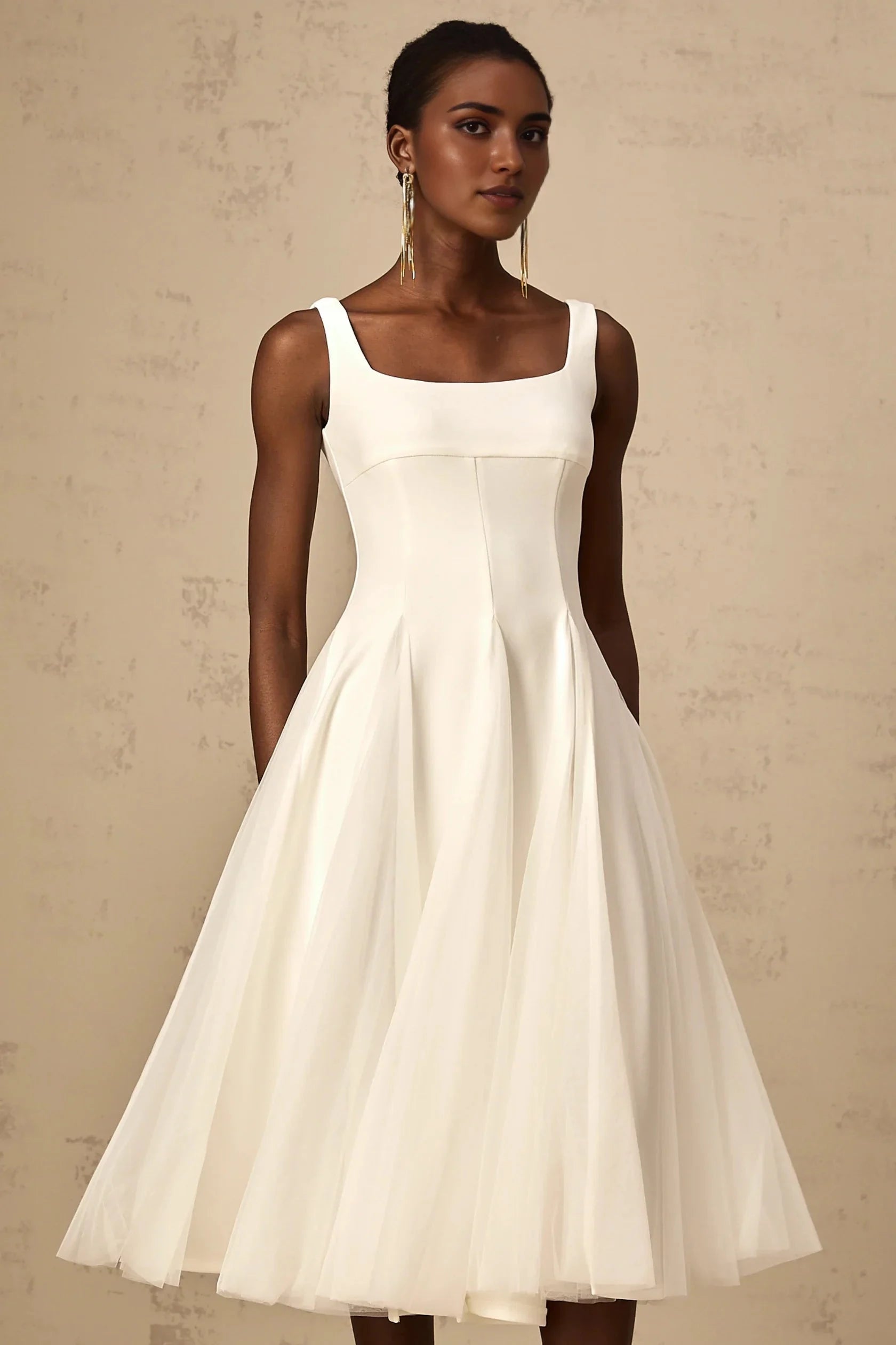 White Square Neck Tulle Midi Dress white tulle godet midi dress Evening Dress by YiHuiw