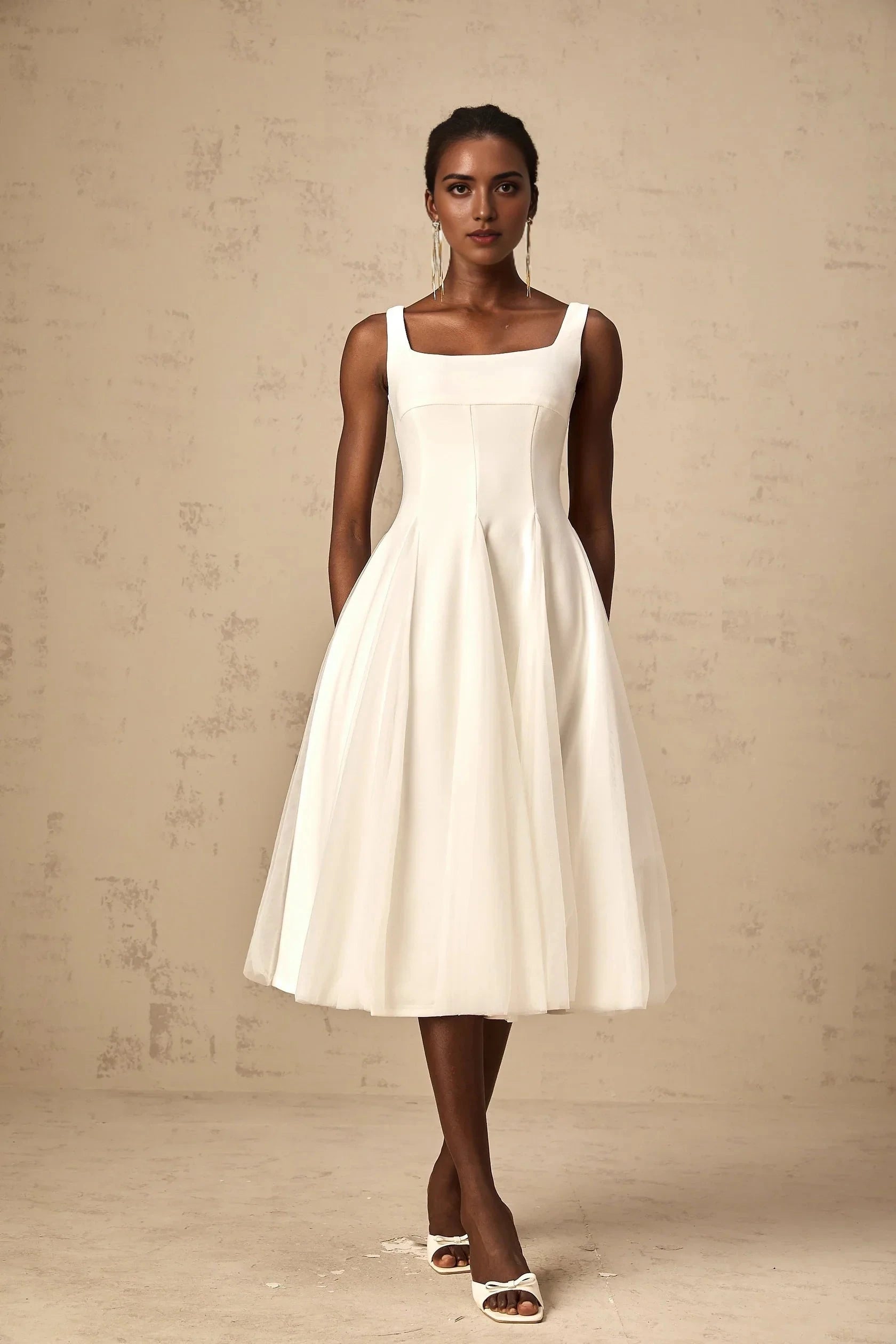 White Square Neck Tulle Midi Dress white tulle godet midi dress Evening Dress by YiHuiw