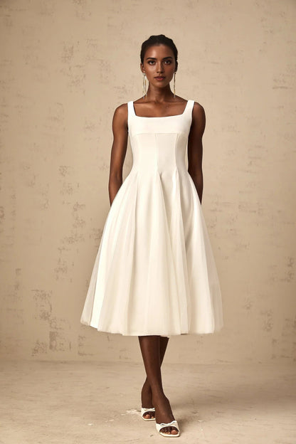 White Square Neck Tulle Midi Dress white tulle godet midi dress Evening Dress by YiHuiw