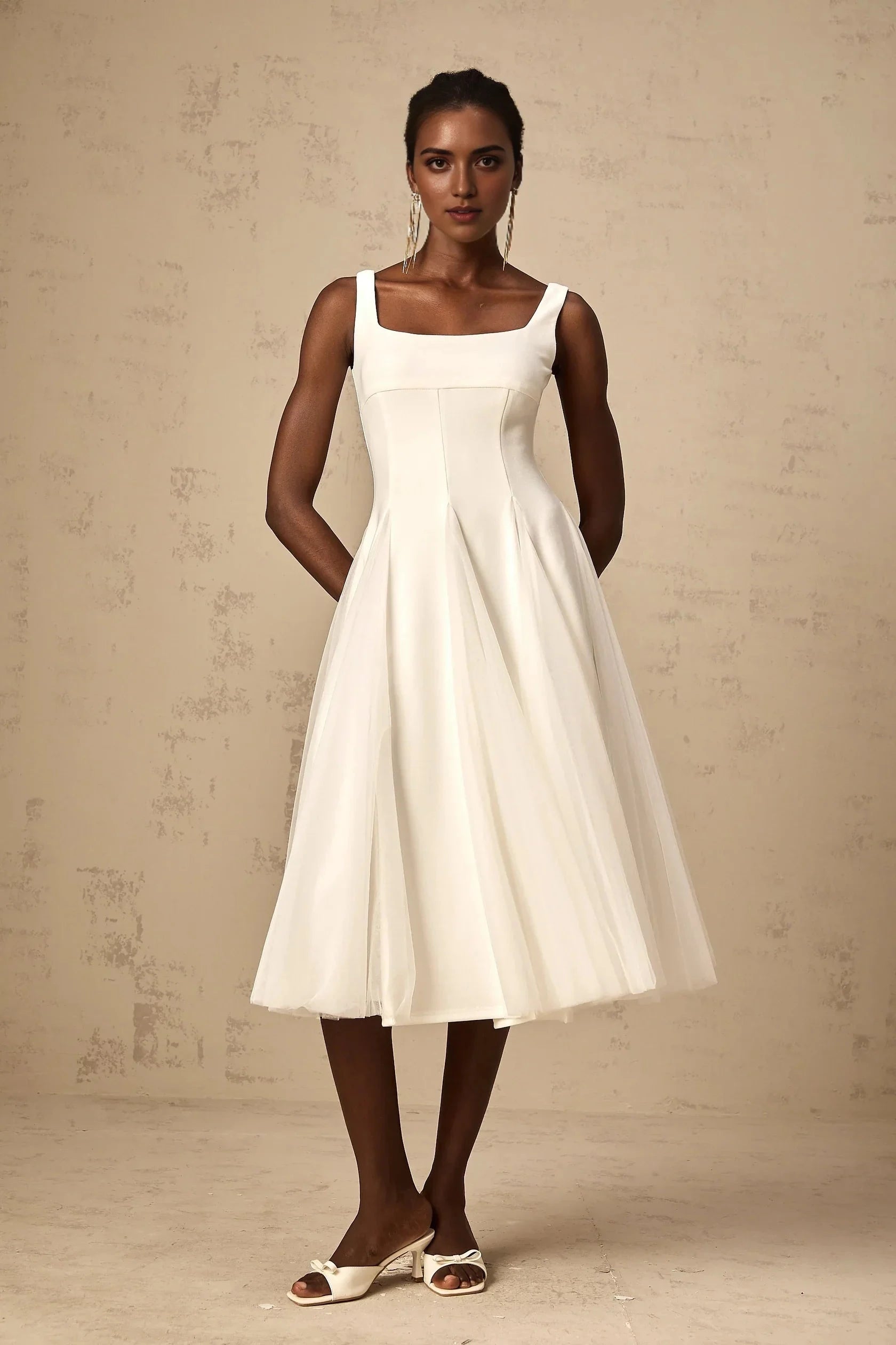 White Square Neck Tulle Midi Dress white tulle godet midi dress Evening Dress by YiHuiw