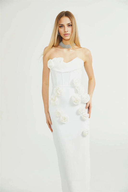 White Strapless 3D Floral Maxi Dress off-shoulder floral dress Evening Dress by YiHuiw