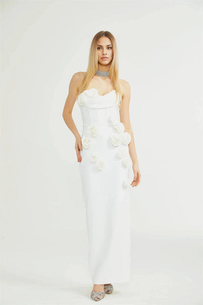 White Strapless 3D Floral Maxi Dress off-shoulder floral dress Evening Dress by YiHuiw