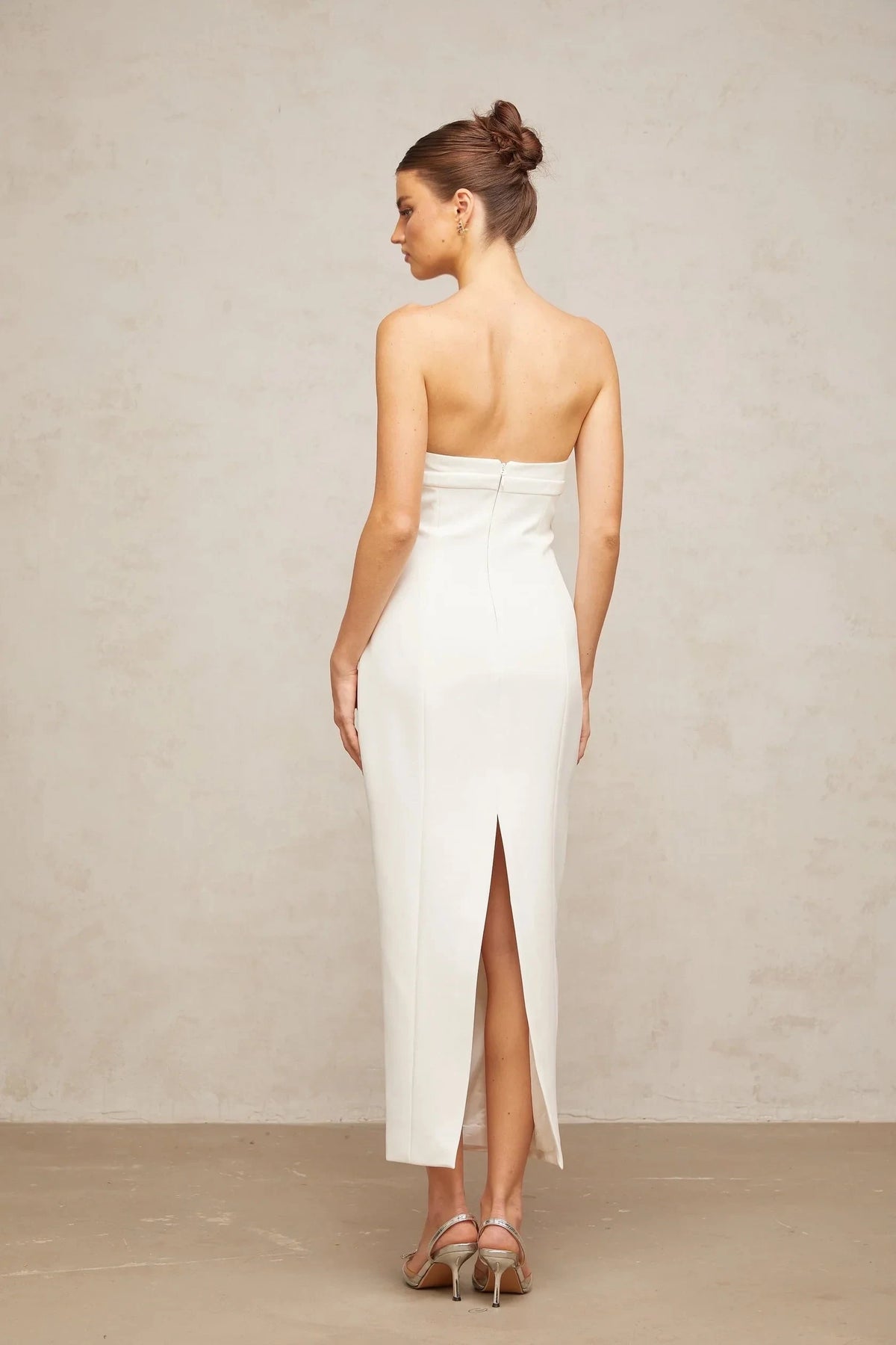 White Strapless Crystal - Accent Midi Dress white corset bow-detail midi dress Evening Dress by YiHuiw