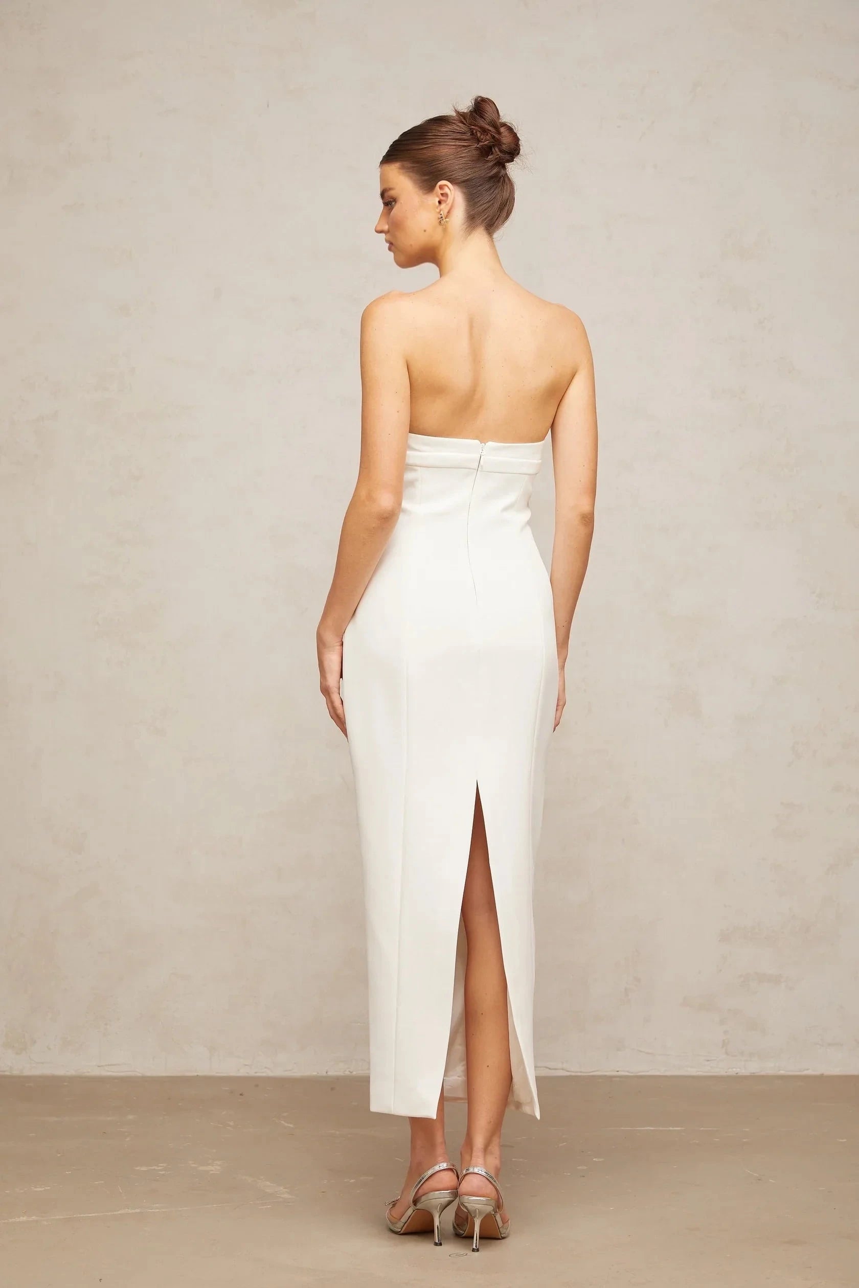 White Strapless Crystal - Accent Midi Dress white corset bow-detail midi dress Evening Dress by YiHuiw
