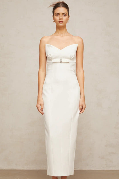 White Strapless Crystal - Accent Midi Dress white corset bow-detail midi dress Evening Dress by YiHuiw