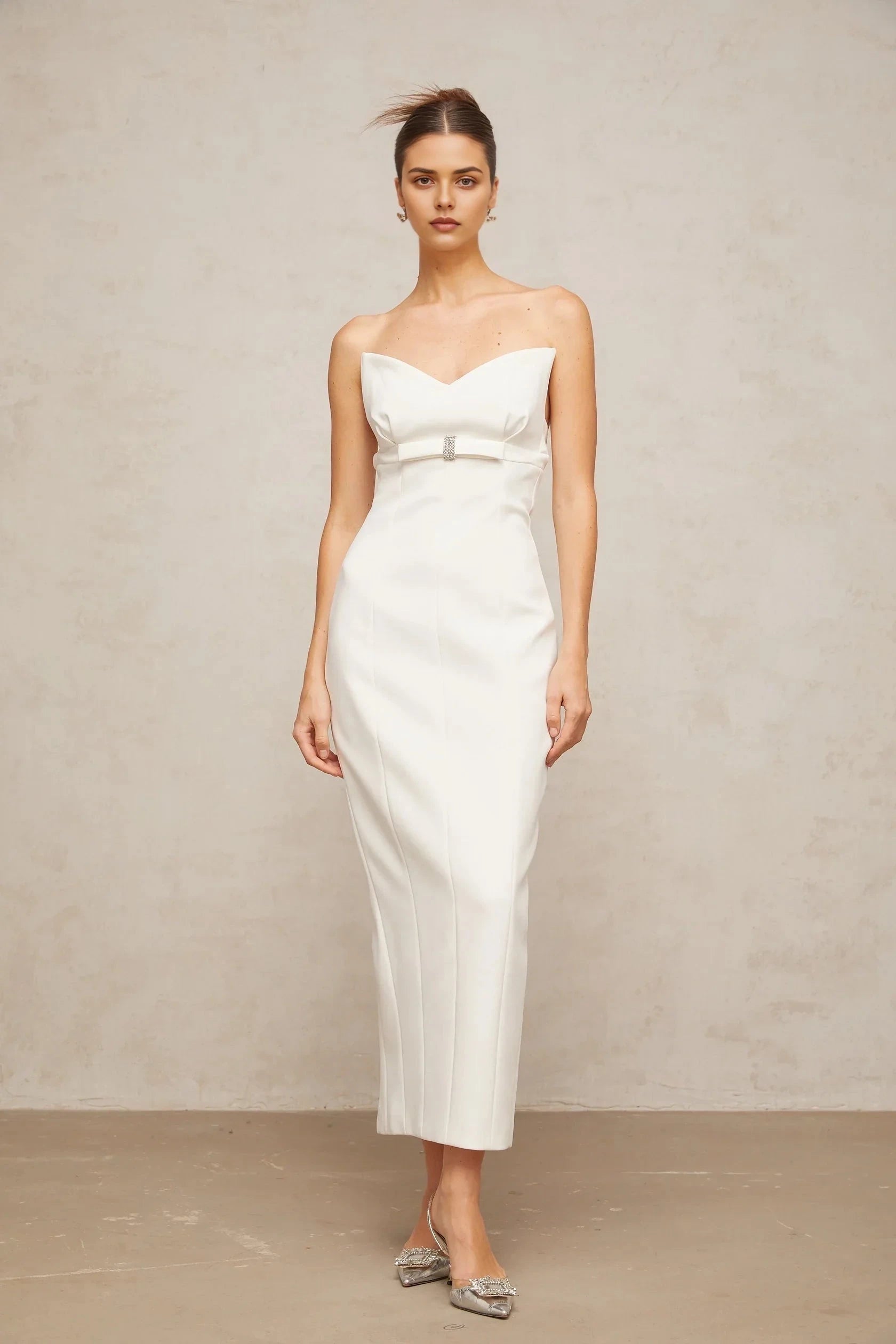 White Strapless Crystal - Accent Midi Dress white corset bow-detail midi dress Evening Dress by YiHuiw