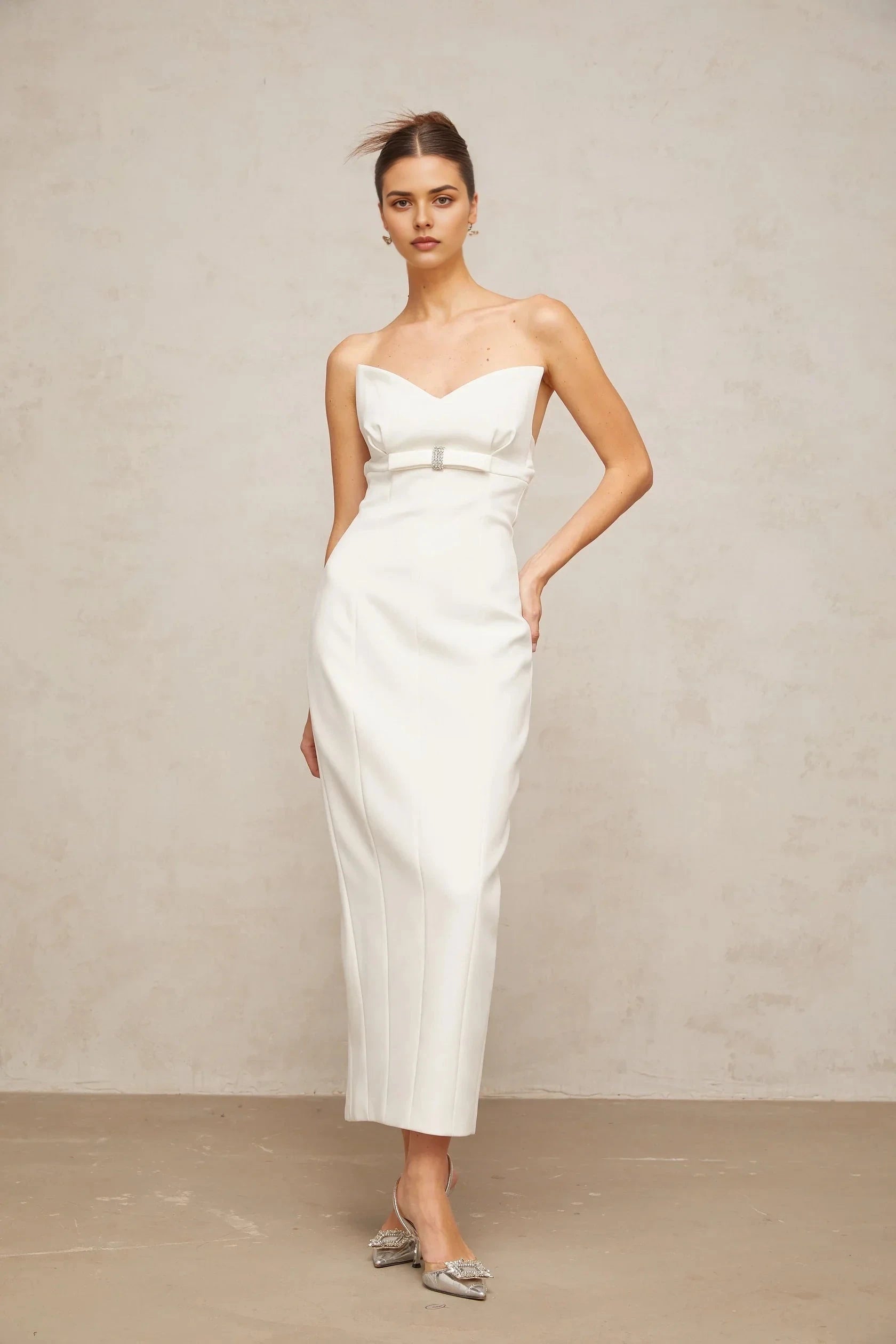 White Strapless Crystal - Accent Midi Dress white corset bow-detail midi dress Evening Dress by YiHuiw