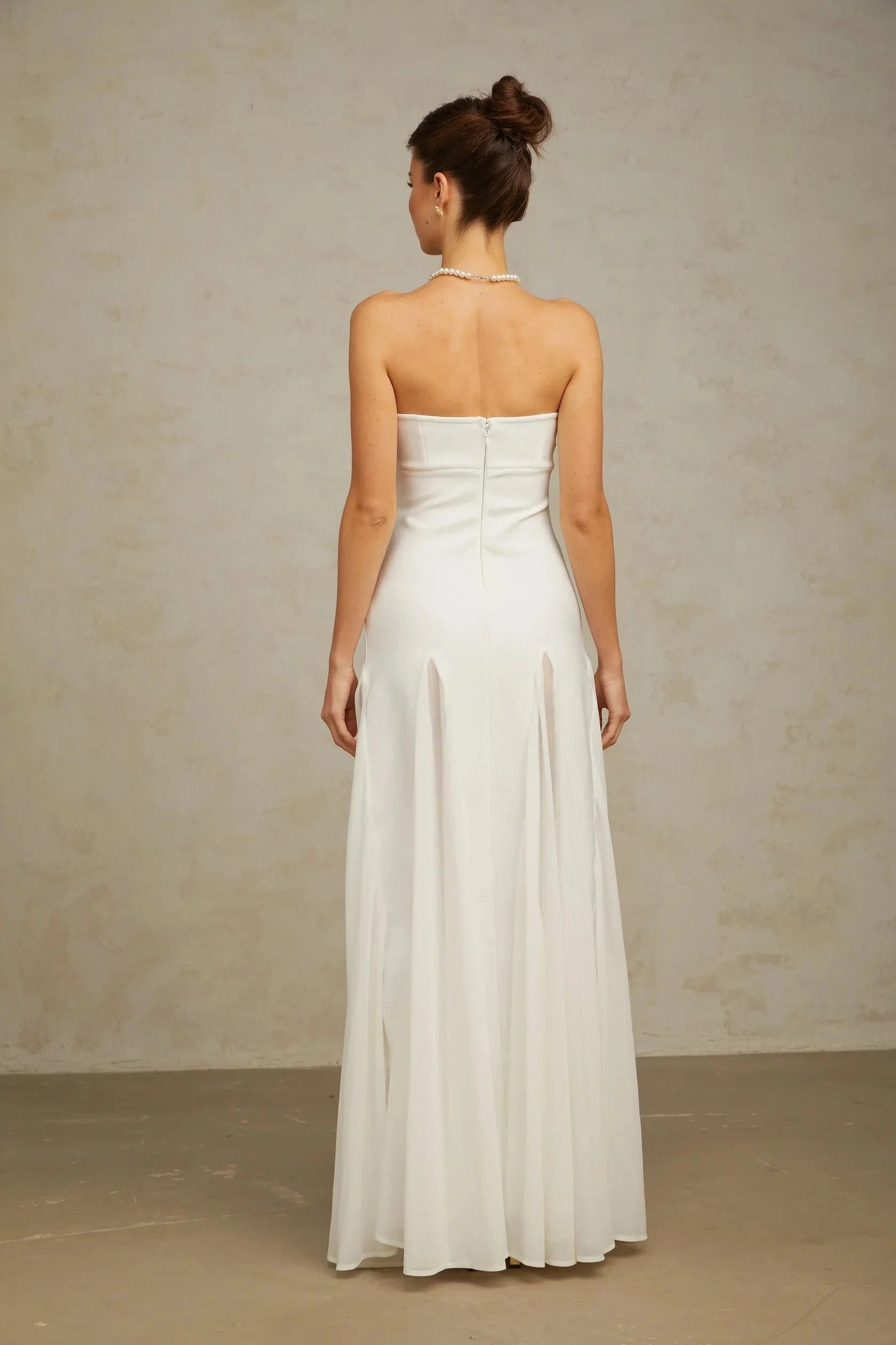 White Strapless Flared - Skirt Maxi Dress white tulle-panelling maxi dress Evening Dress by YiHuiw