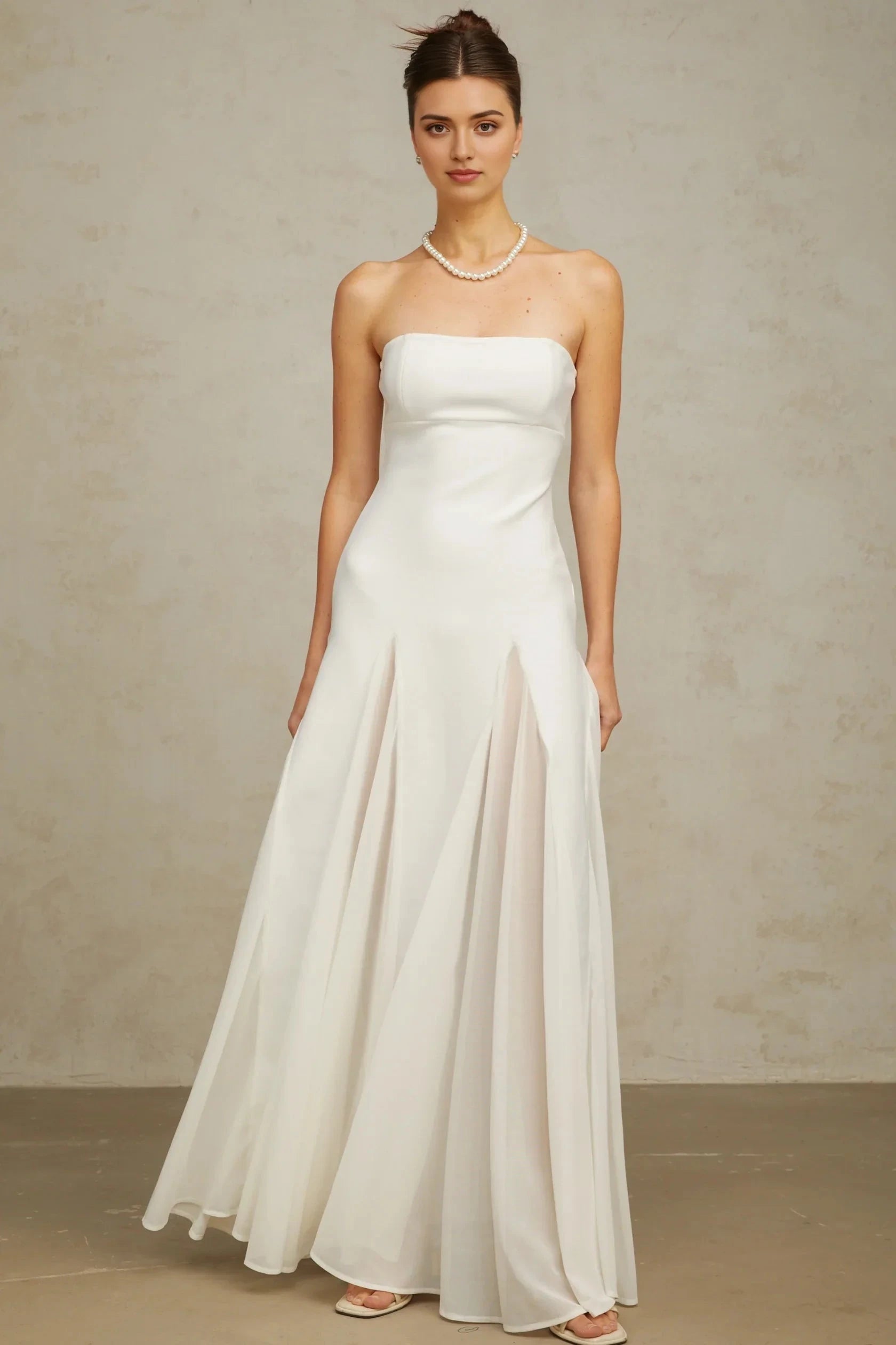 White Strapless Flared - Skirt Maxi Dress white tulle-panelling maxi dress Evening Dress by YiHuiw