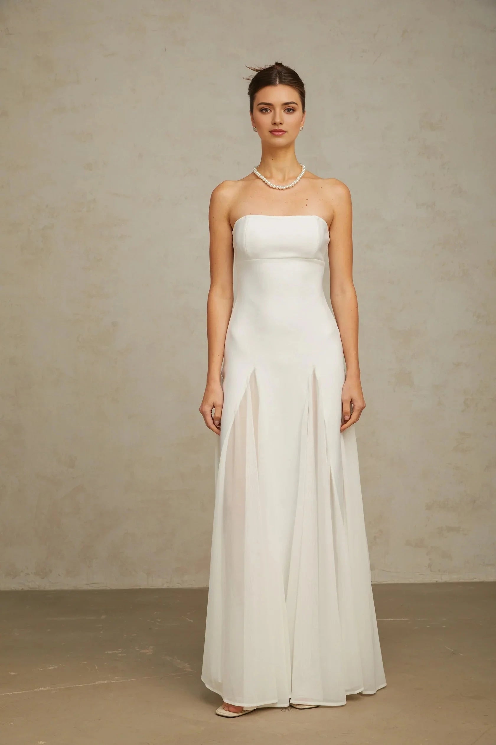 White Strapless Flared - Skirt Maxi Dress white tulle-panelling maxi dress Evening Dress by YiHuiw