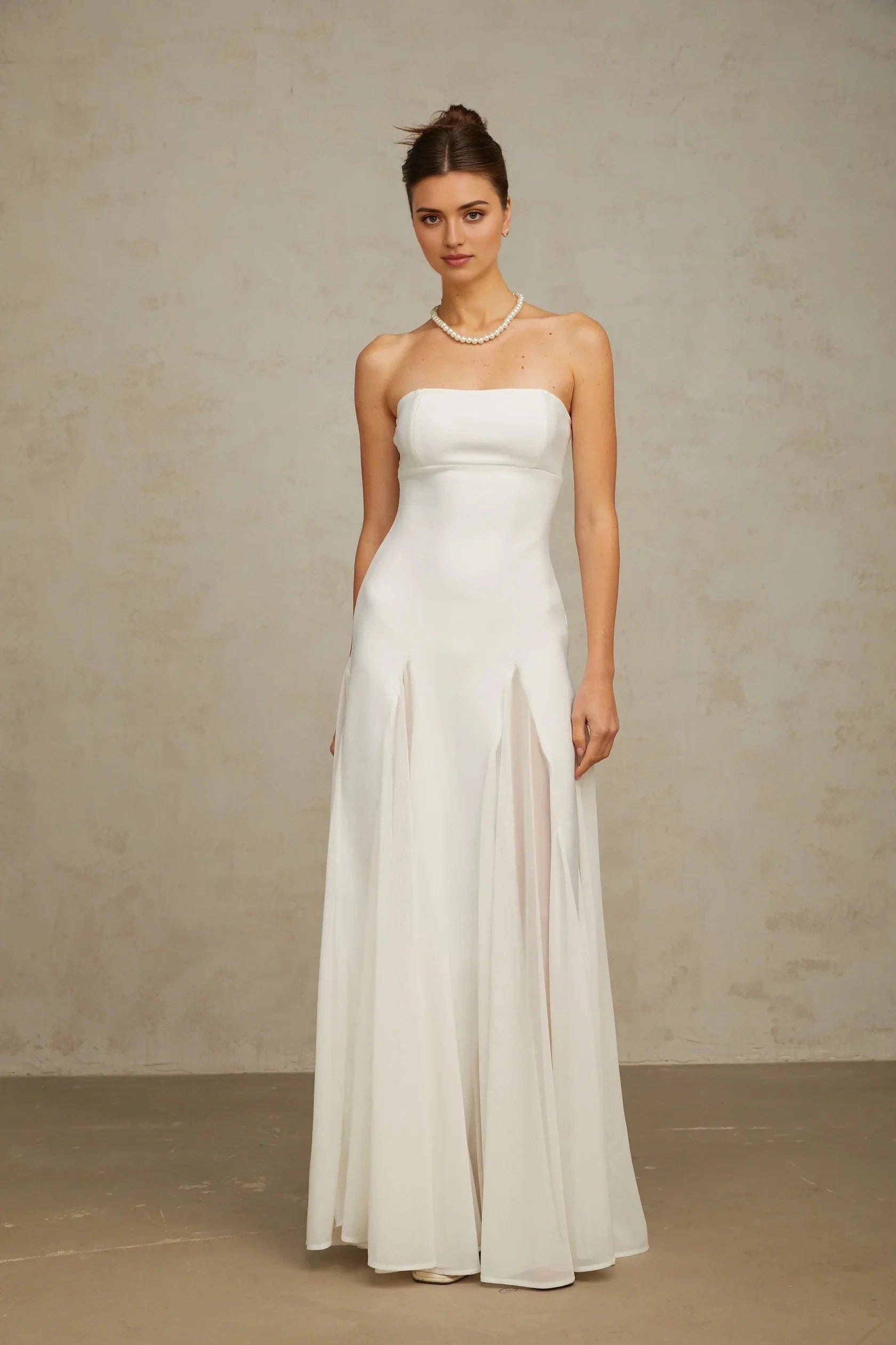White Strapless Flared - Skirt Maxi Dress white tulle-panelling maxi dress Evening Dress by YiHuiw
