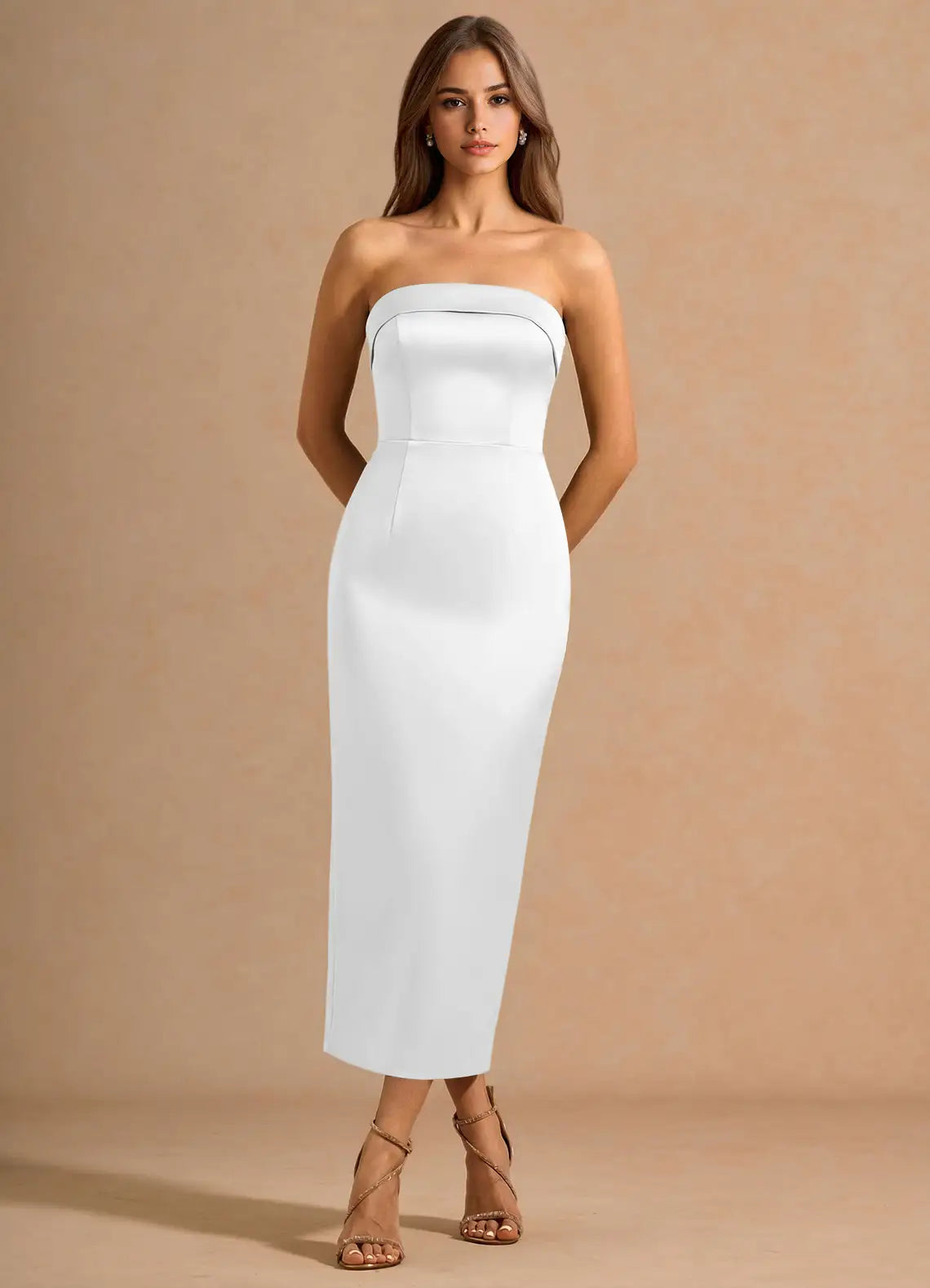 White Strapless Satin High Slit Midi Wedding Dress - Yihuiw by Yihuiw