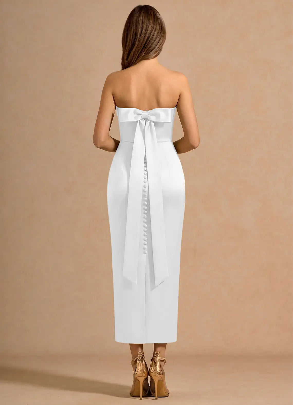White Strapless Satin High Slit Midi Wedding Dress - Yihuiw by Yihuiw