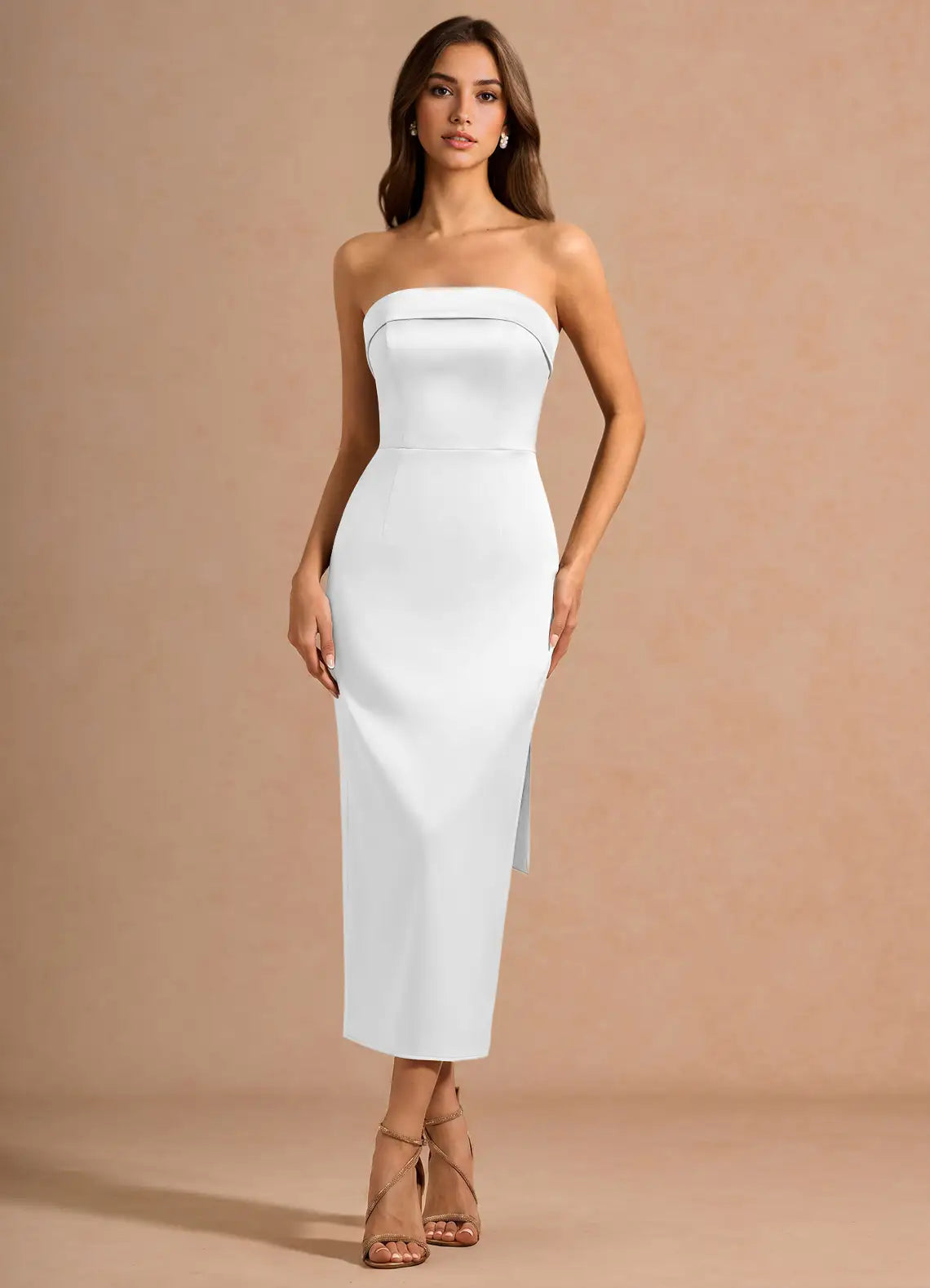 White Strapless Satin High Slit Midi Wedding Dress - Yihuiw by Yihuiw