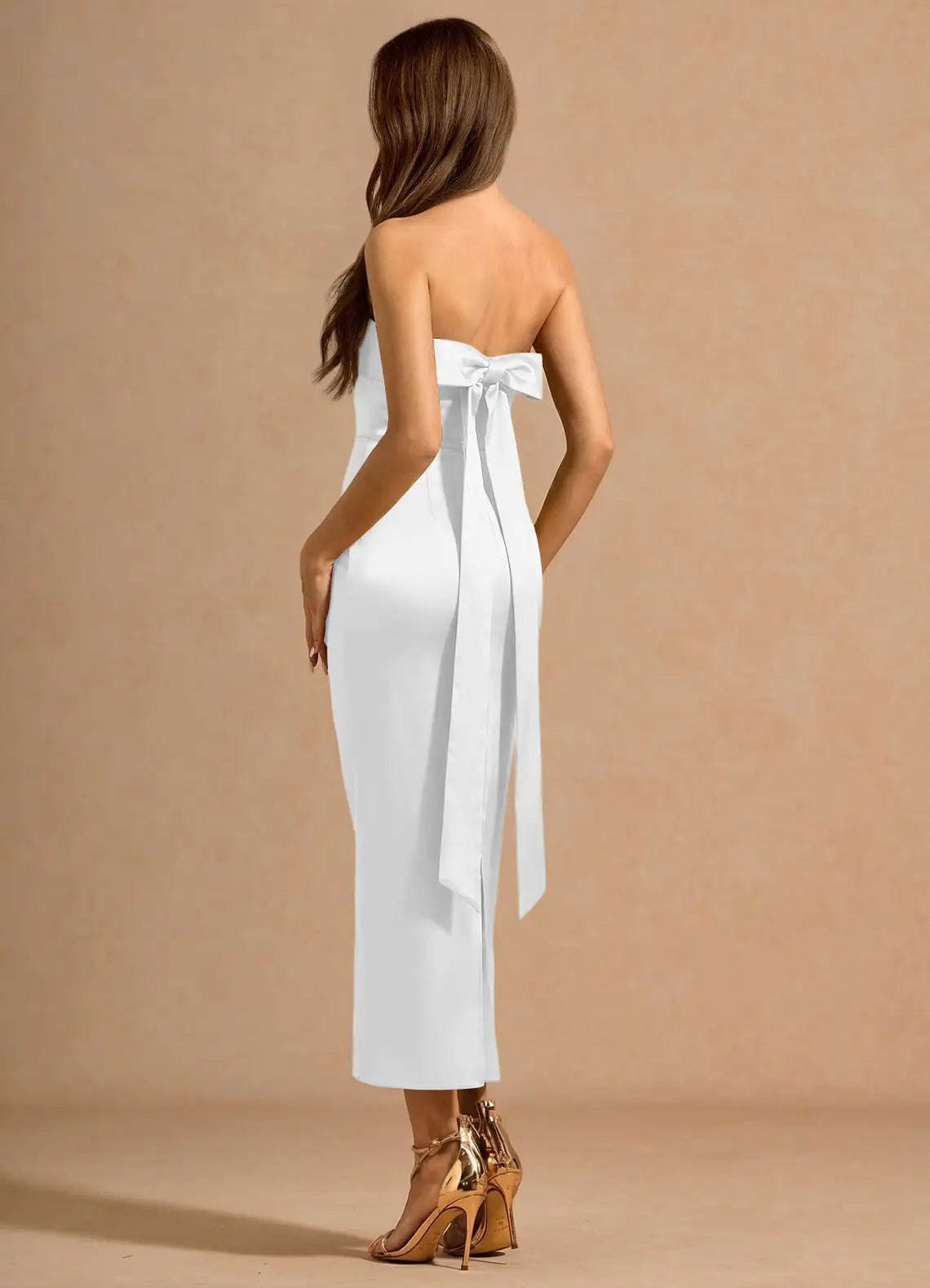 White Strapless Satin High Slit Midi Wedding Dress - Yihuiw by Yihuiw