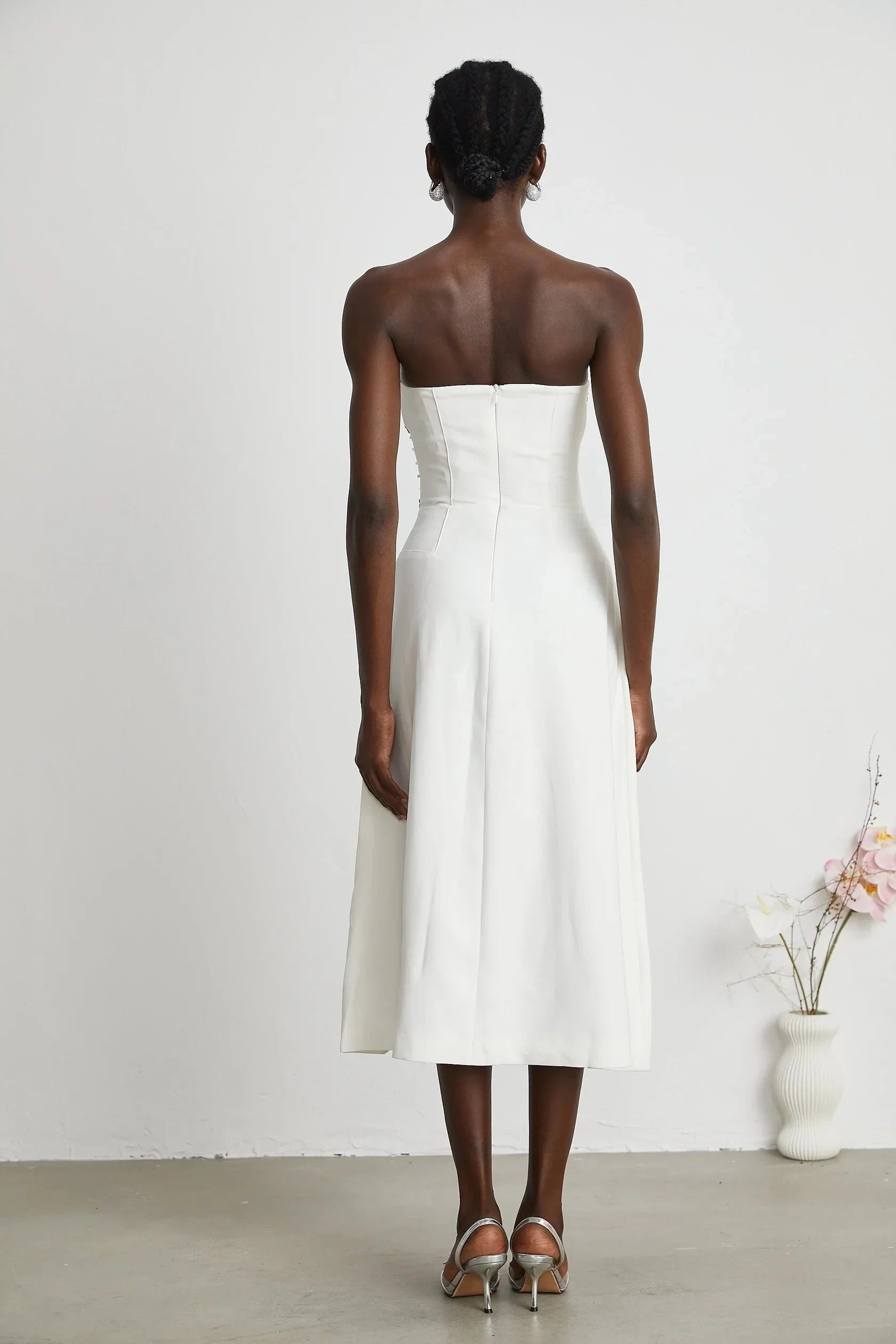 White Strapless Midi Dress with Crystal Embellishments white embellished midi dress Evening Dress by YiHuiw