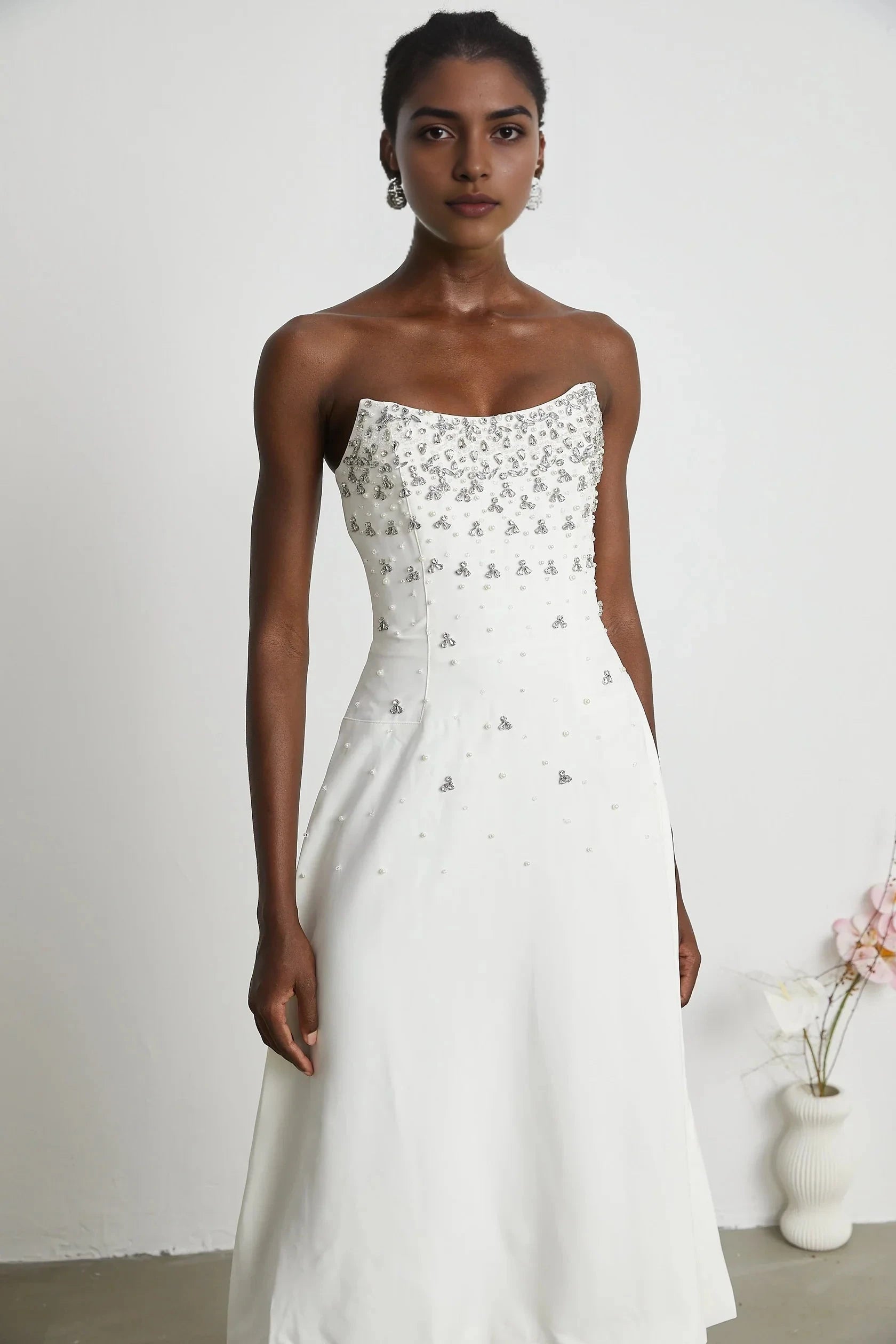 White Strapless Midi Dress with Crystal Embellishments white embellished midi dress Evening Dress by YiHuiw