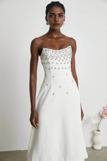White Strapless Midi Dress with Crystal Embellishments white embellished midi dress Evening Dress by YiHuiw