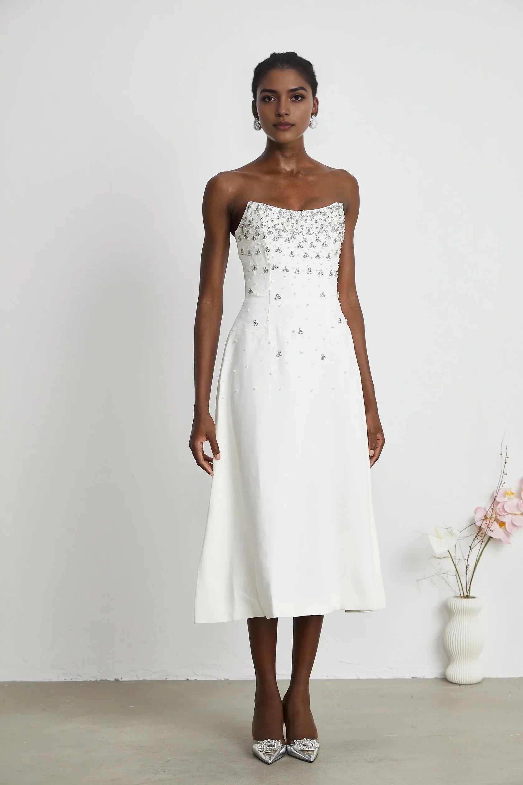 White Strapless Midi Dress with Crystal Embellishments white embellished midi dress Evening Dress by YiHuiw