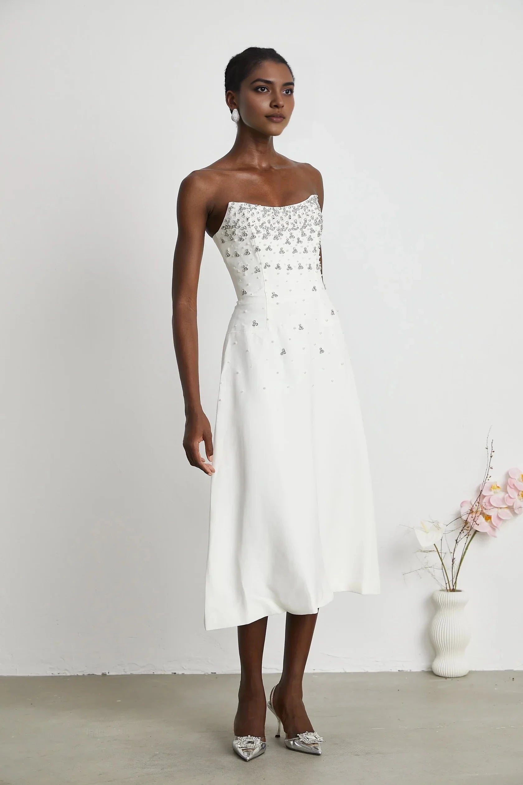 White Strapless Midi Dress with Crystal Embellishments white embellished midi dress Evening Dress by YiHuiw