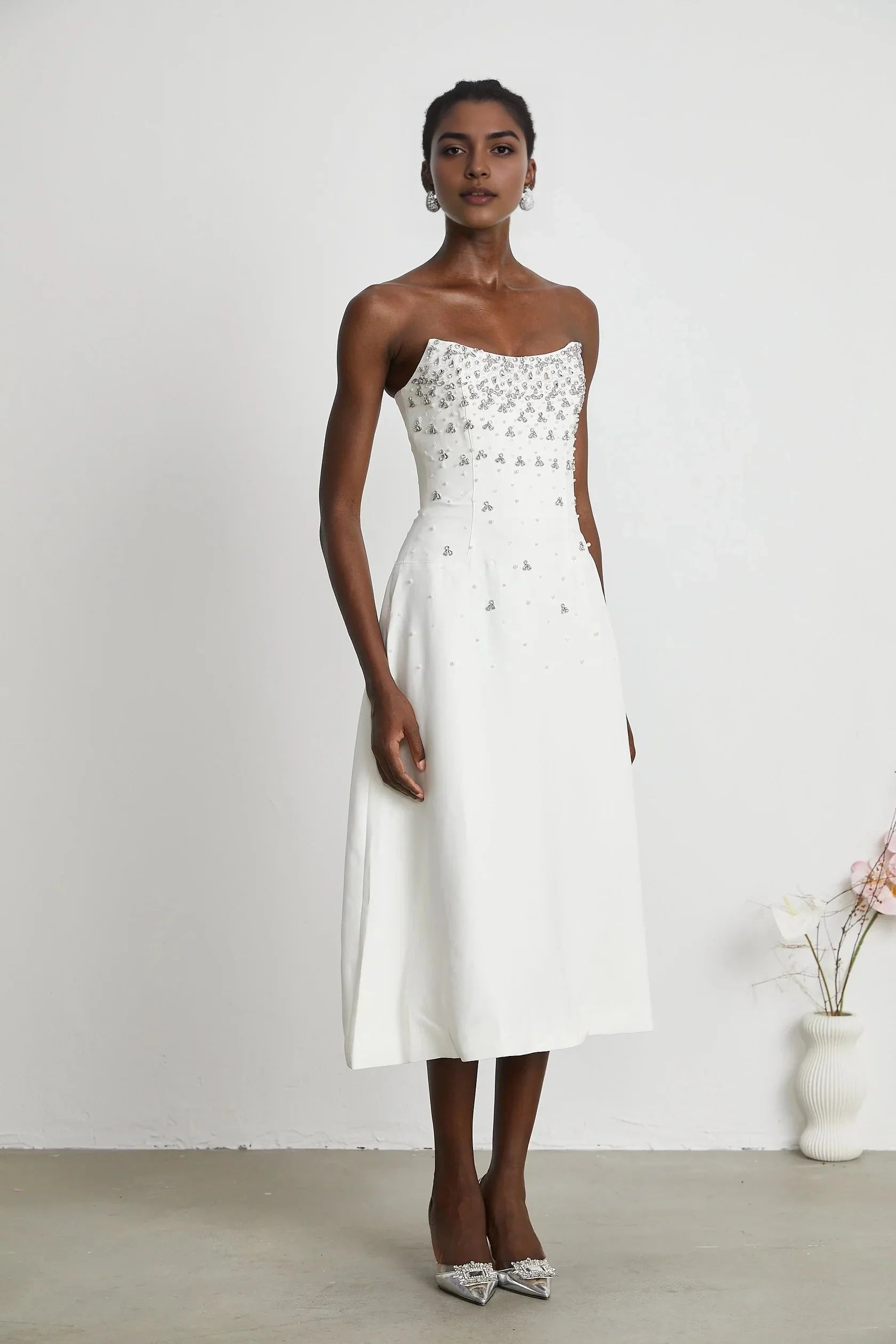 White Strapless Midi Dress with Crystal Embellishments white embellished midi dress Evening Dress by YiHuiw