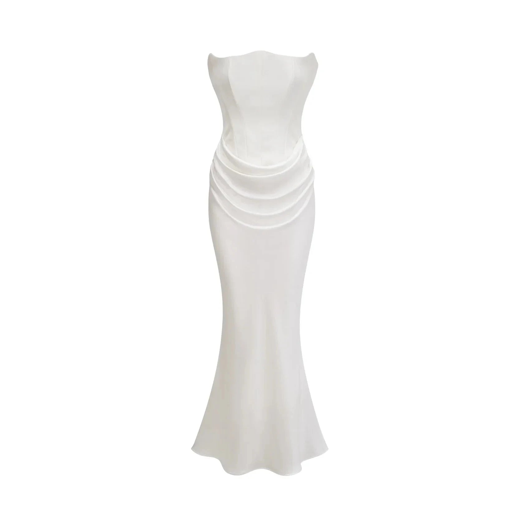 White Strapless Ruched Maxi Dress Aurore Off-Shoulder Maxi Dress Evening Dress by YiHuiw