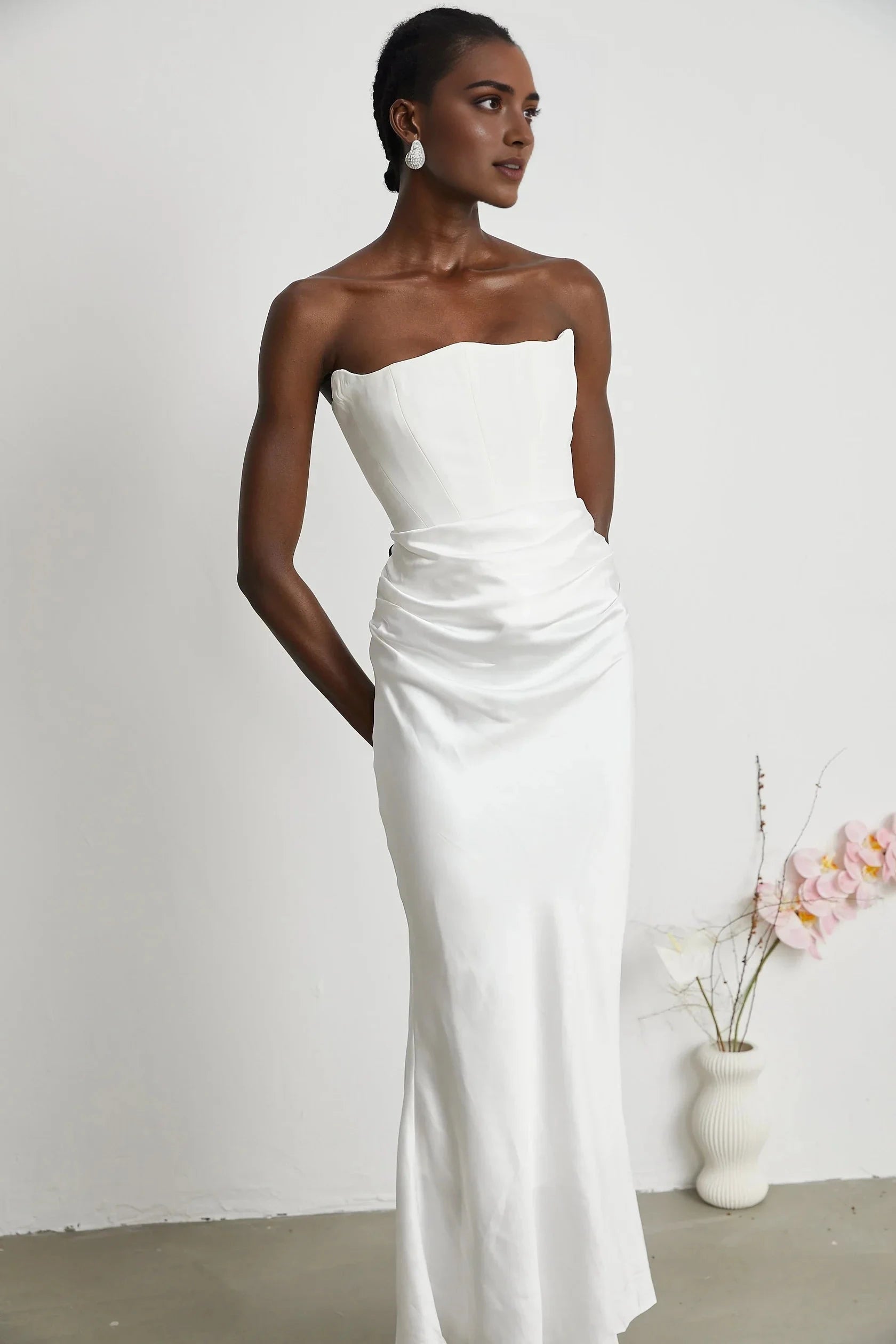 White Strapless Ruched Satin Maxi Dress Aurore Off-Shoulder Maxi Dress Evening Dress by YiHuiw