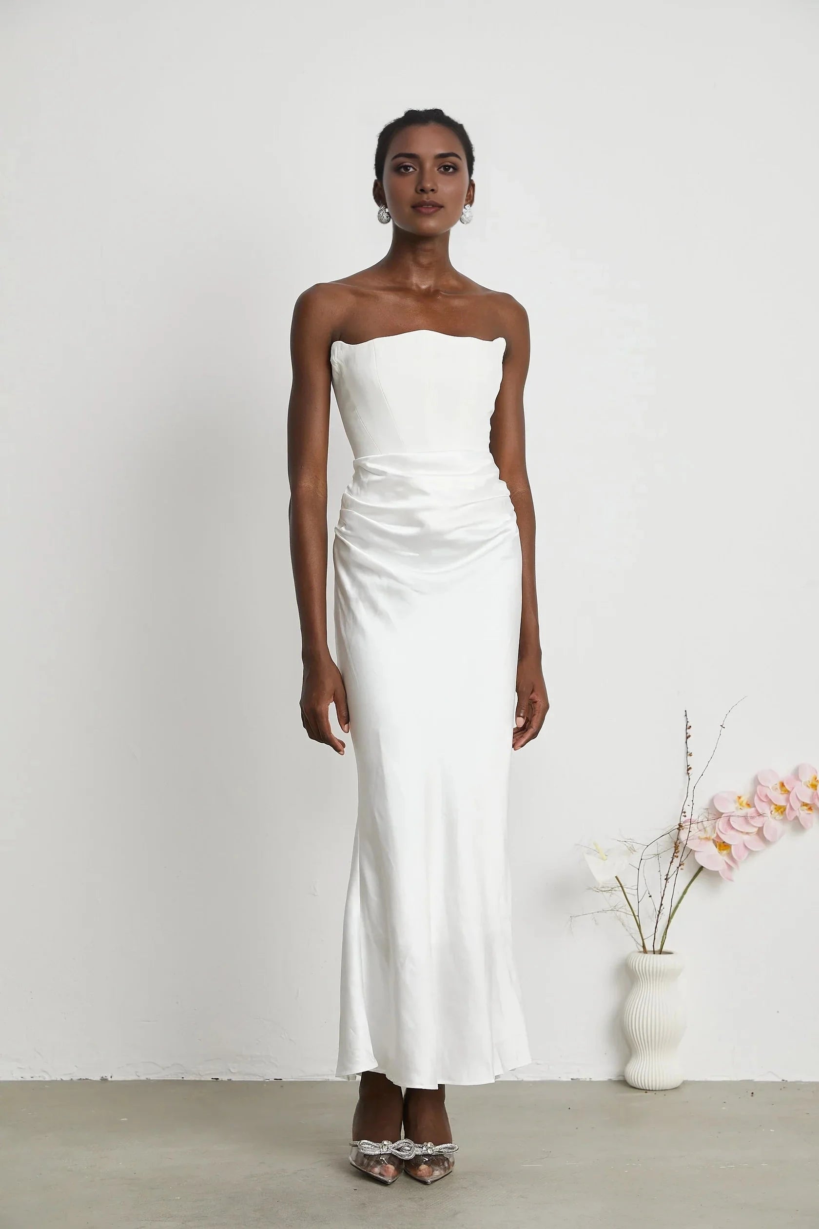 White Strapless Ruched Satin Maxi Dress Aurore Off-Shoulder Maxi Dress Evening Dress by YiHuiw