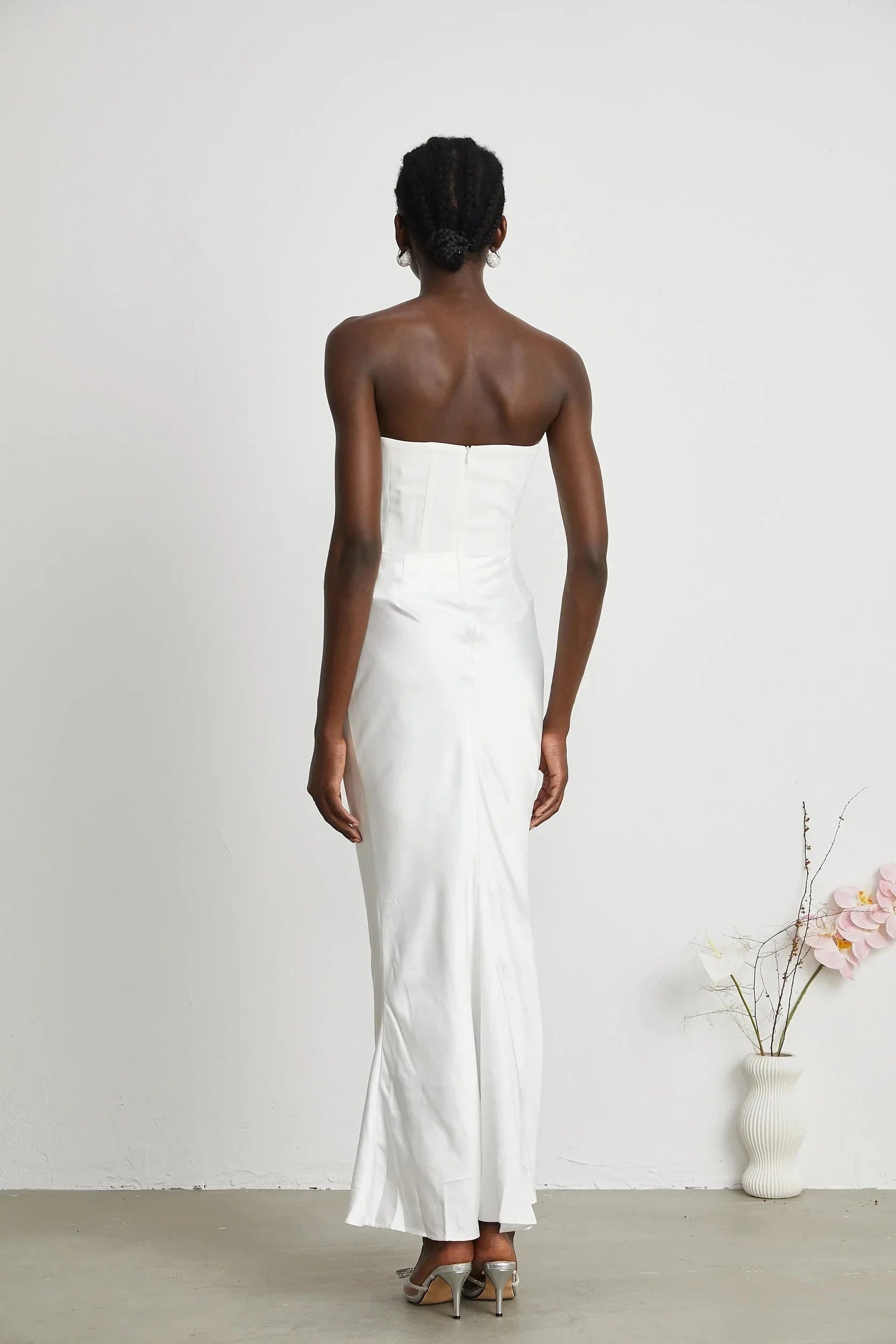 White Strapless Ruched Satin Maxi Dress Aurore Off-Shoulder Maxi Dress Evening Dress by YiHuiw