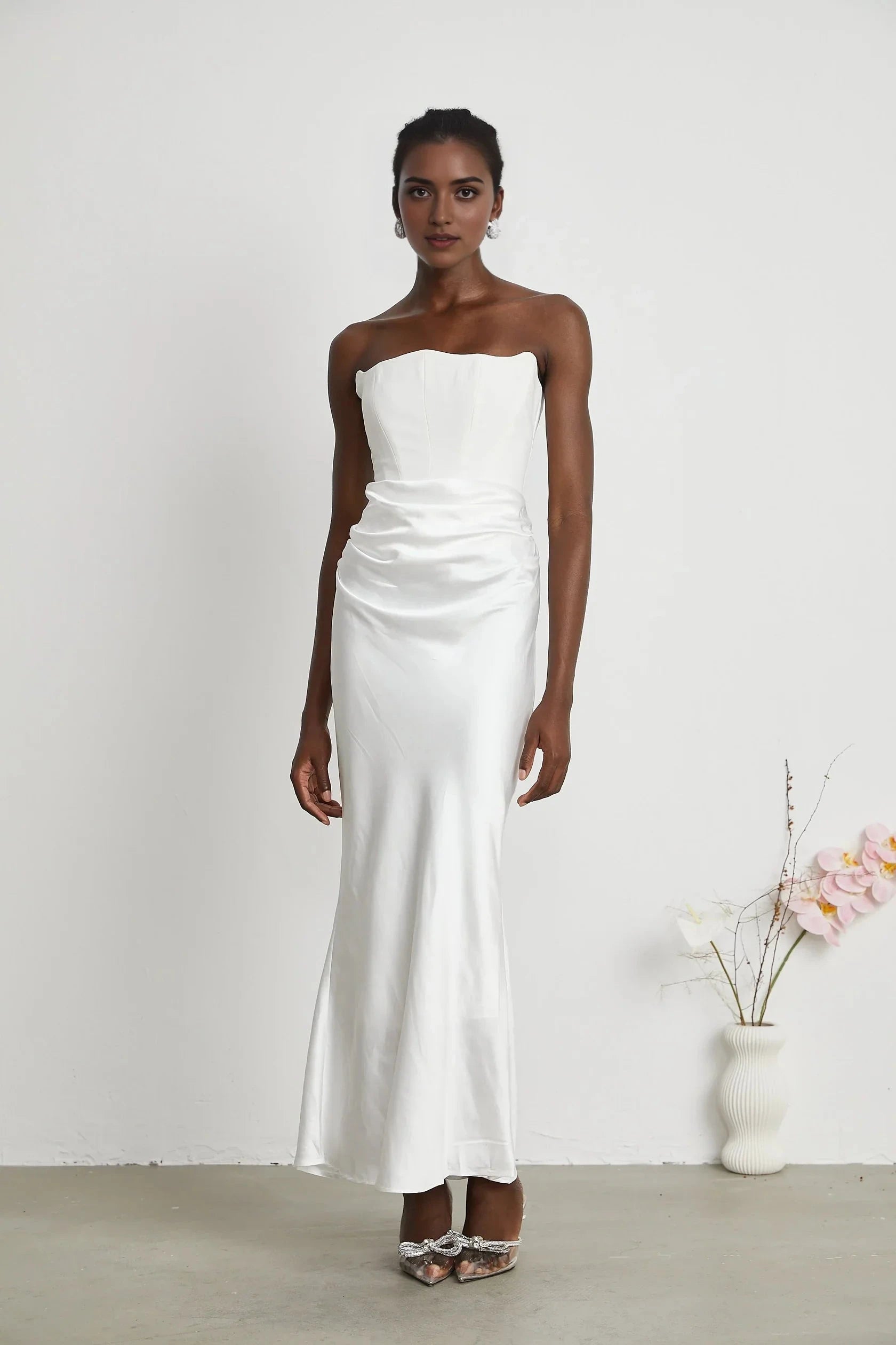 White Strapless Ruched Satin Maxi Dress Aurore Off-Shoulder Maxi Dress Evening Dress by YiHuiw