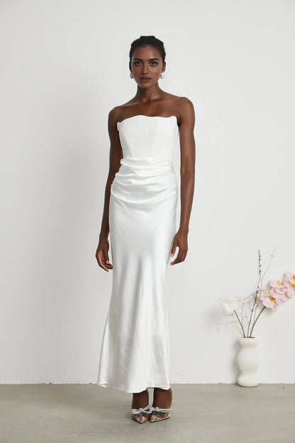 White Strapless Ruched Satin Maxi Dress Aurore Off-Shoulder Maxi Dress Evening Dress by YiHuiw