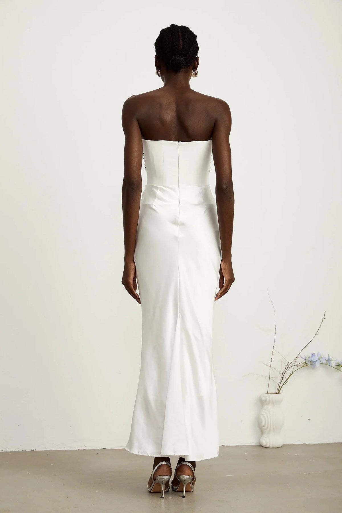 White Strapless Satin Maxi Dress with Embellished Bodice Aurore White Crystal Embellished Maxi Dress Evening Dress by YiHuiw
