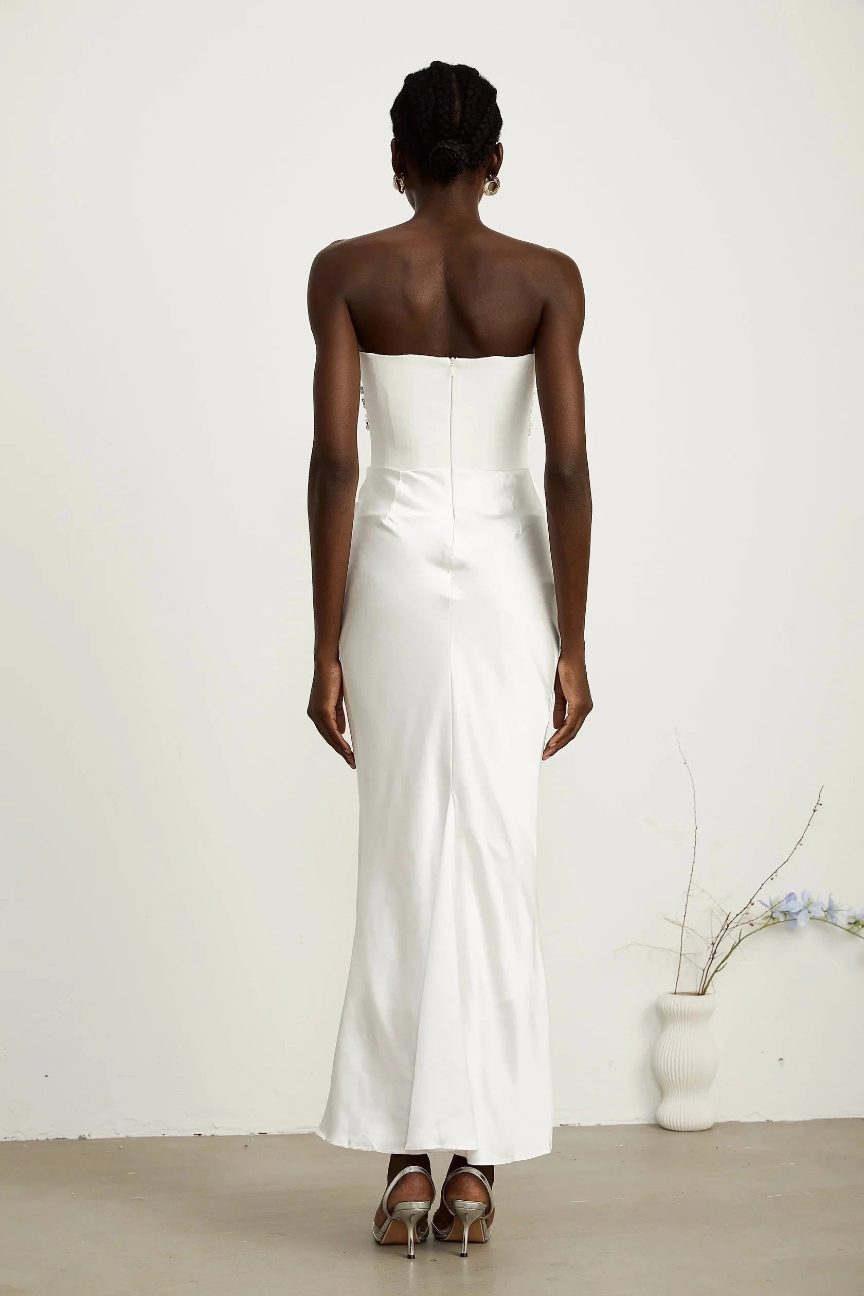 White Strapless Satin Maxi Dress with Embellished Bodice Aurore White Crystal Embellished Maxi Dress Evening Dress by YiHuiw