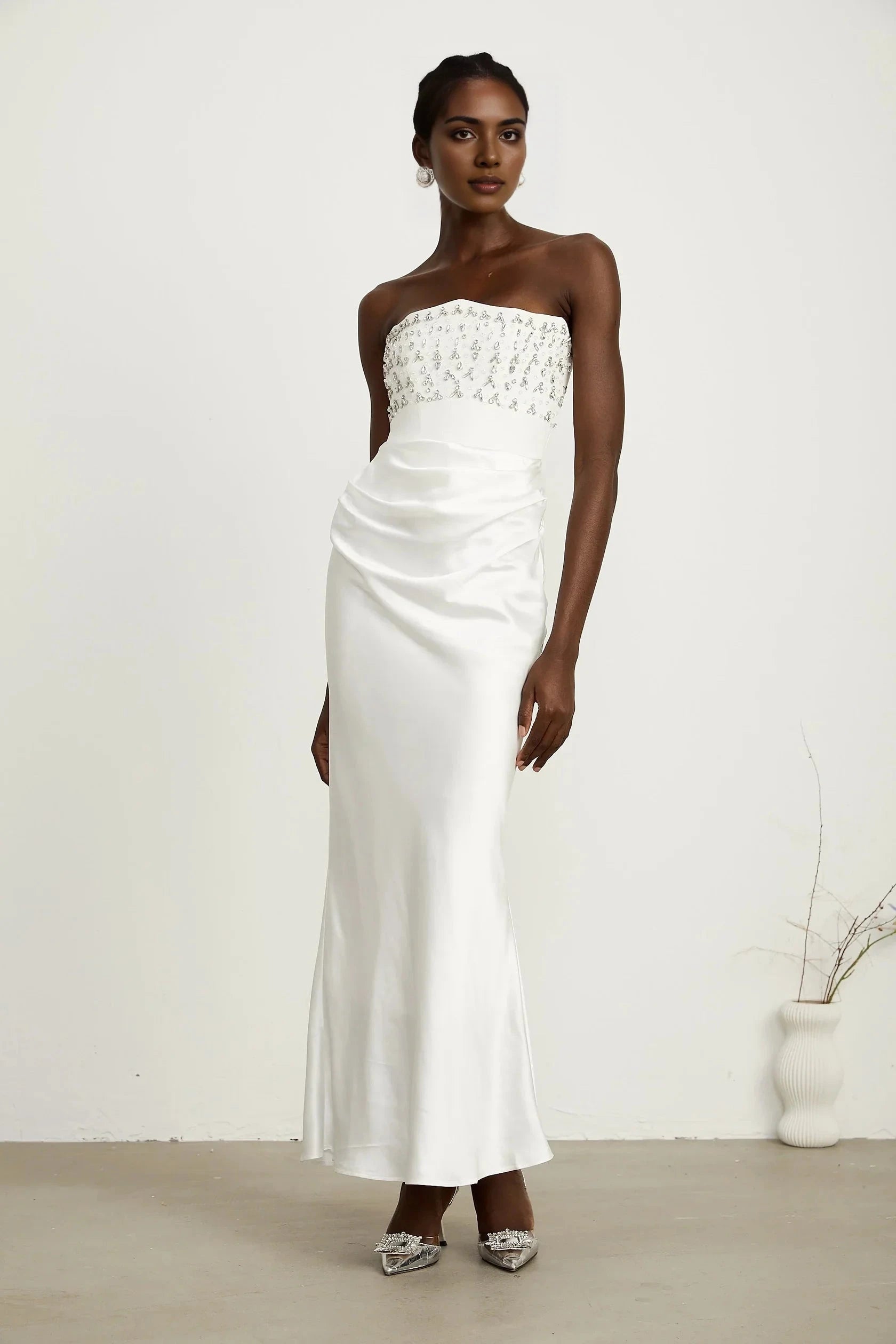 White Strapless Satin Maxi Dress with Embellished Bodice Aurore White Crystal Embellished Maxi Dress Evening Dress by YiHuiw