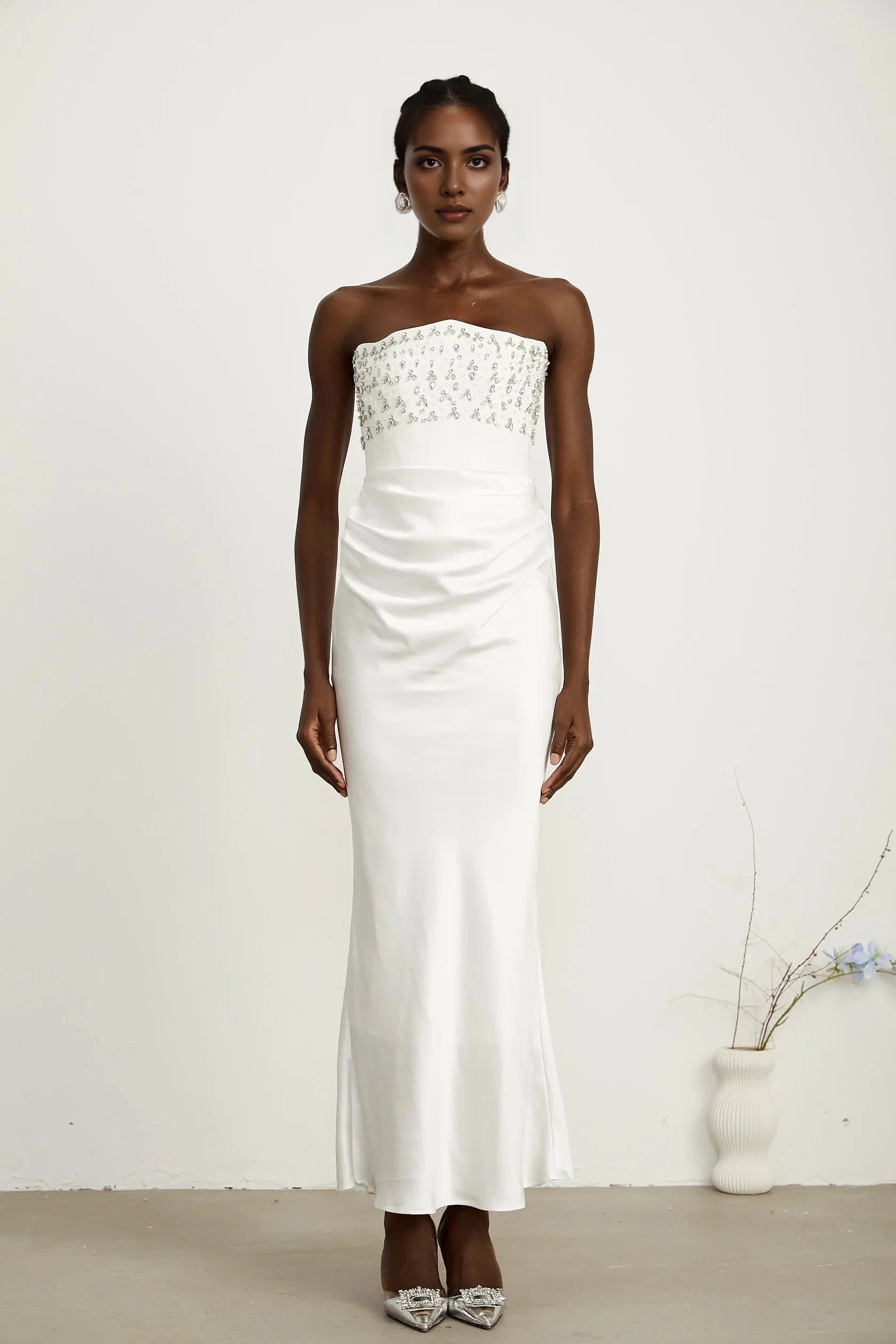 White Strapless Satin Maxi Dress with Embellished Bodice Aurore White Crystal Embellished Maxi Dress Evening Dress by YiHuiw